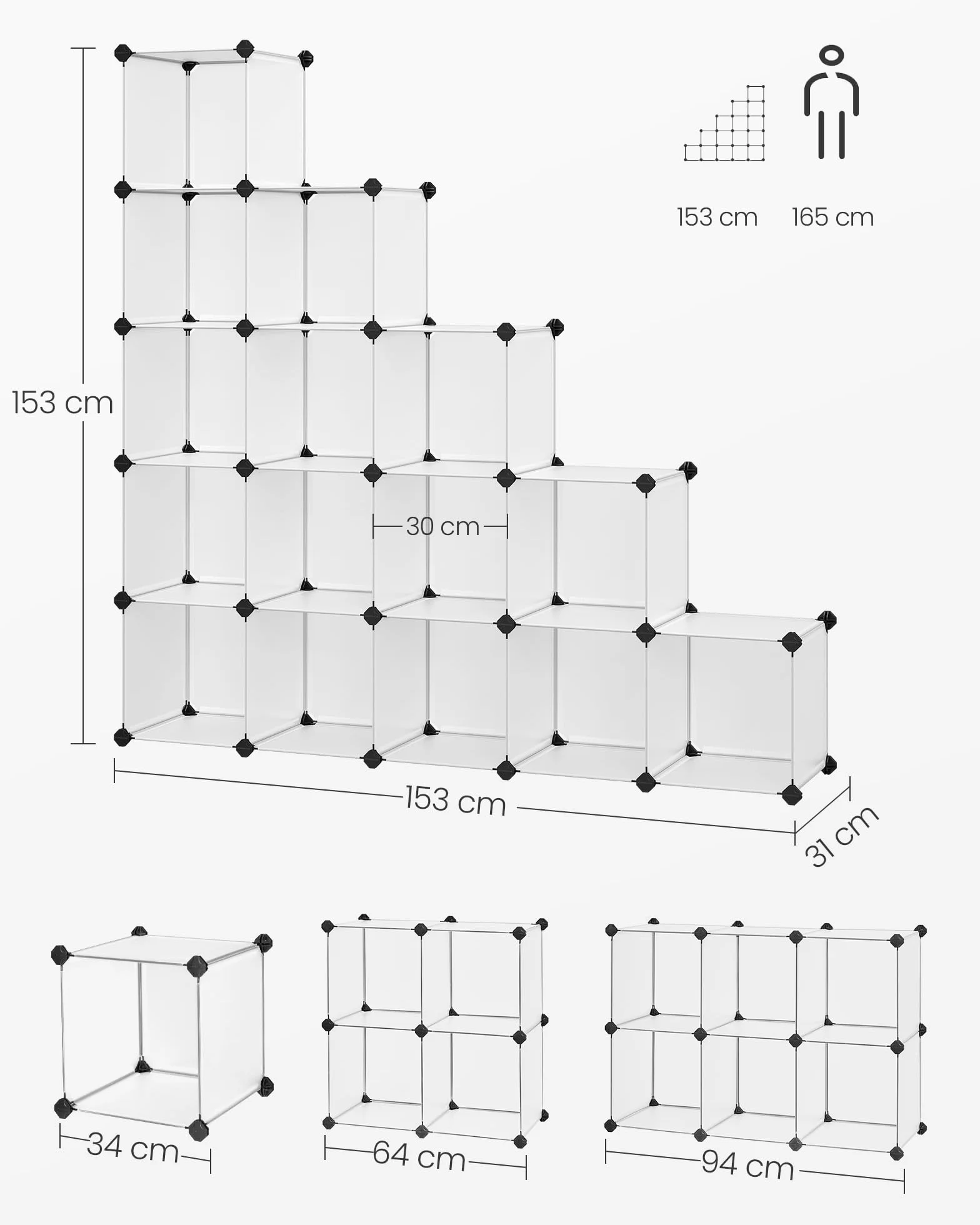 SONGMICS Scarpiera Componibile, Scaffale a 16 Cubi Modulari, Guardaroba, Recinto per Animali Domestici, Camera da Letto Cabina Armadio Ingresso, 31 x 123 x 123 cm, Bianco LPC44L
