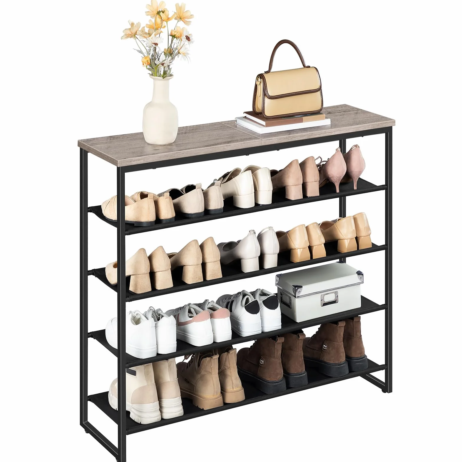 HOOBRO Scarpiera a 5 Ripiani, Scaffale Portascarpe, Organizzatore per 16-20 Paia di Scarpe con 4 Ripiani in Tessuto Oxford e Piano, per Ingresso e Armadio, Stile Industriale, Grigio Talpa EBG50XJ01
