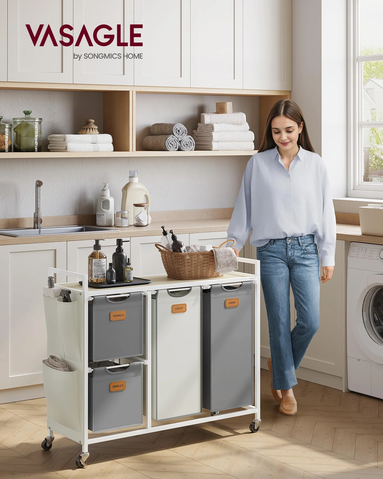 VASAGLE Cesto Portabiancheria 4 Scomparti, Porta Biancheria 150 L, Carrello per Biancheria con Piano, Sacchi, Tasche Laterali, 6 Etichette, Beige Naturale, Grigio Tortora e Bianco Crema BLH203G01