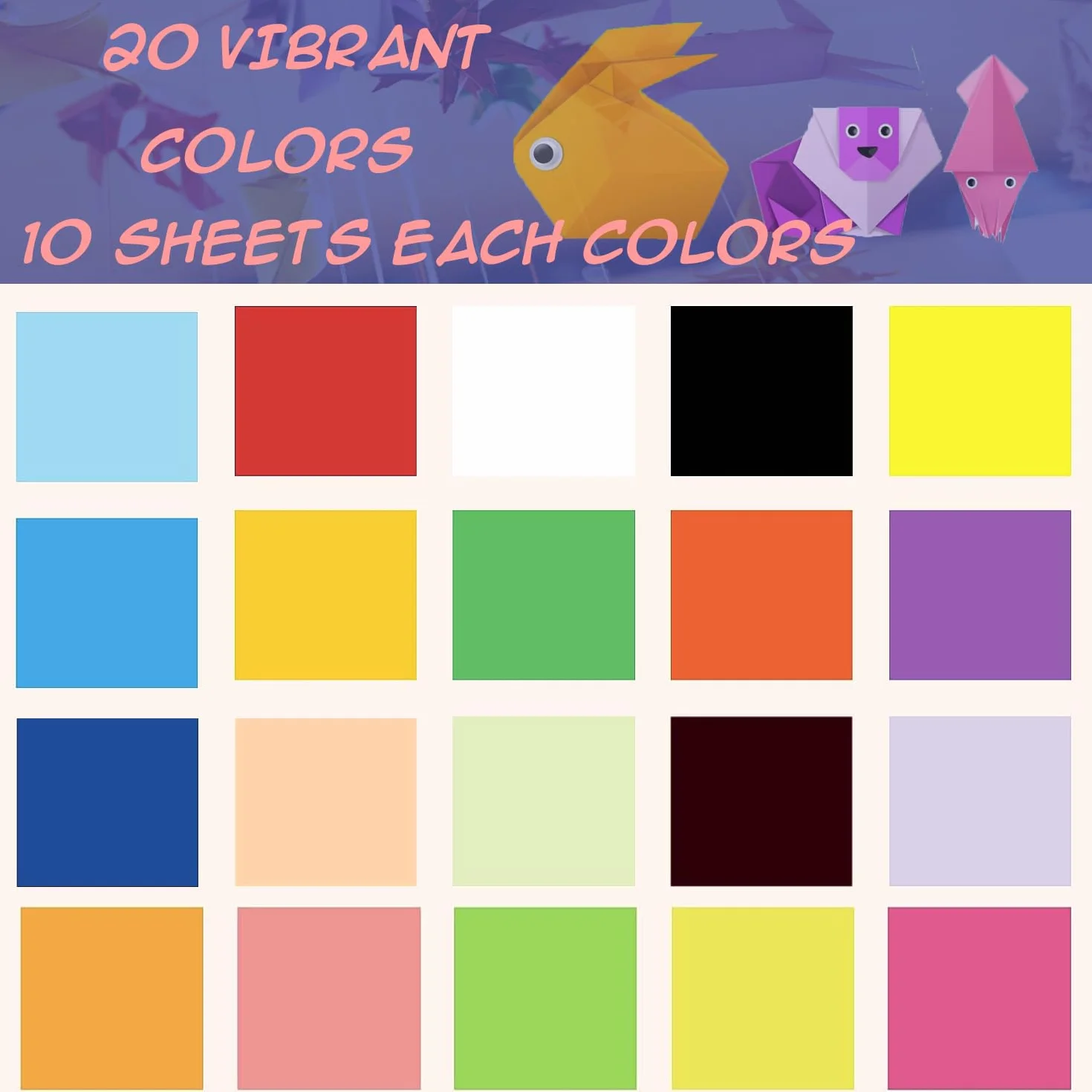 200 Fogli di Carta per Origami, 20 x 20 cm, Doppio Lato (70 g/m²), 20 Colori, Quadrati per Bambini, Progetti Fai Da Te, Scuola, Artigianato