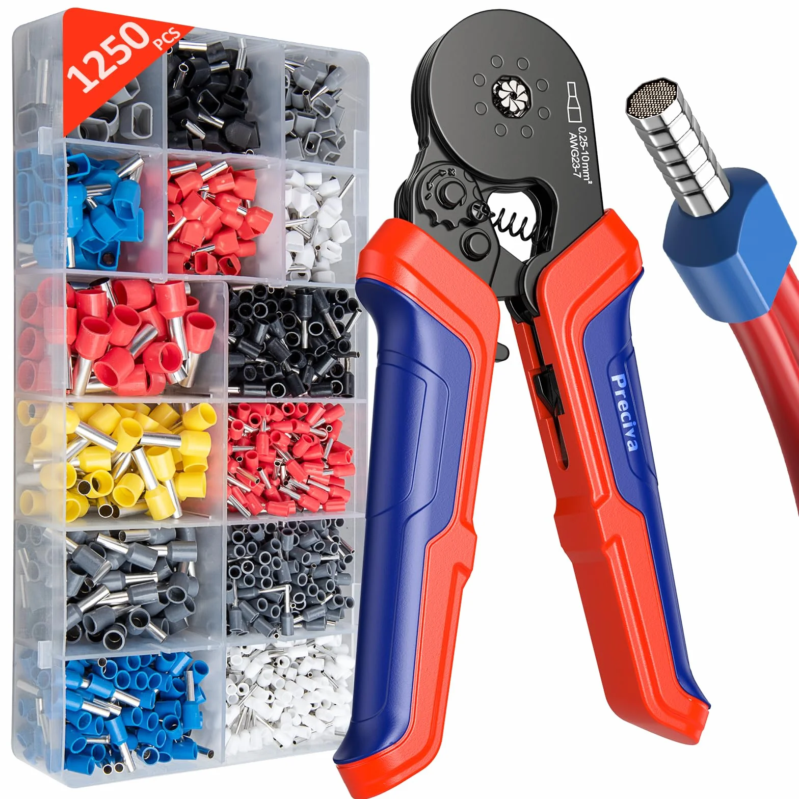 Preciva Pinza Crimpatrice con 1250 Puntali, Crimpatrice Professionale 0.25-10mm² per Cavi Isolati, Pinza a Cricchetto per AWG 23-7