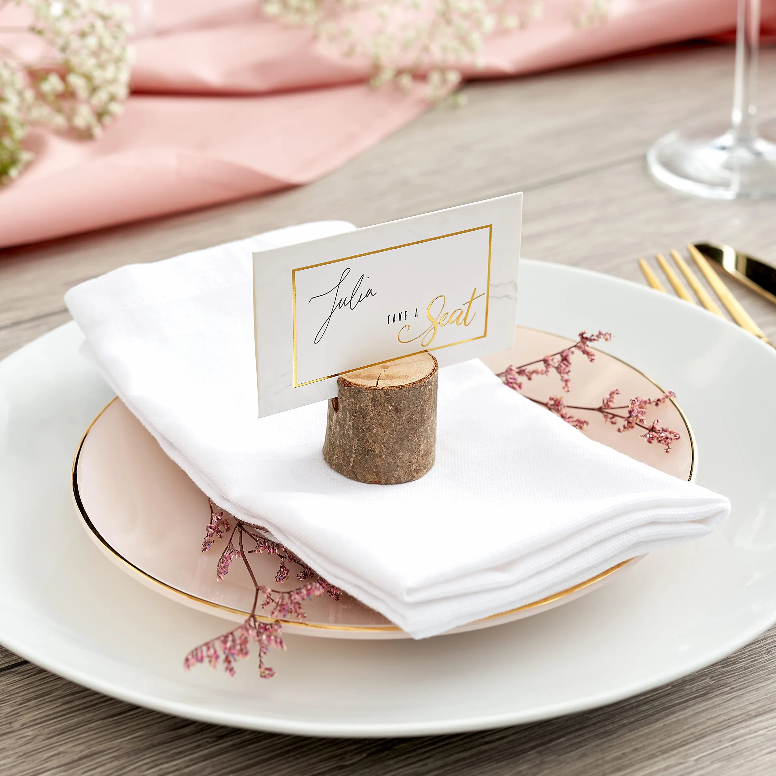 THE TWIDDLERS 50 Segnaposto in Legno di Pino per Matrimonio, Battesimo, Comunione e Feste - Portamenù e Portafoto da Tavolo a Forma di Tronchetto, 3 cm