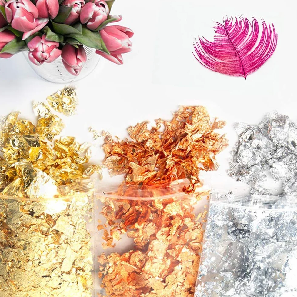 XCOZU Confezione da 3 Fiocchi Dorati, Foglie Dorate, Foglia di Rame, Foglia d'argento，Finta Foglia d'oro per la Pittura Delle Unghie in Resina, Decorazione per La Creazione di Gioielli