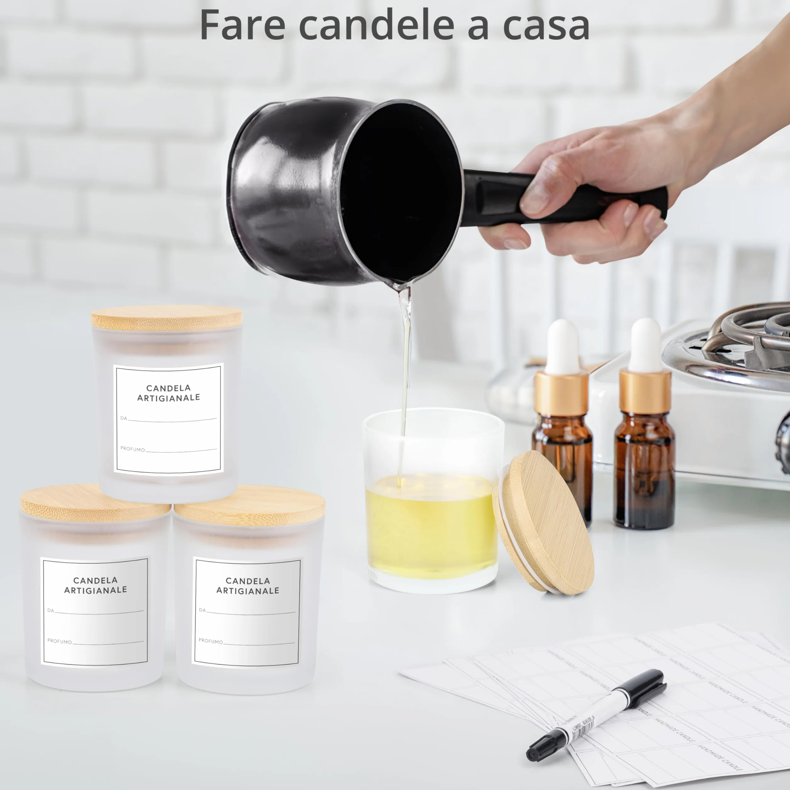 Winter Shore 170 ml Barattoli Vetro con Coperchio [Set di 15] - Contenitori Vetro Smerigliati per Realizzare Candele - Candele Fai da Te - 15 Etichette Adesive, 15 Etichette Vuote, 1 Penna Nera