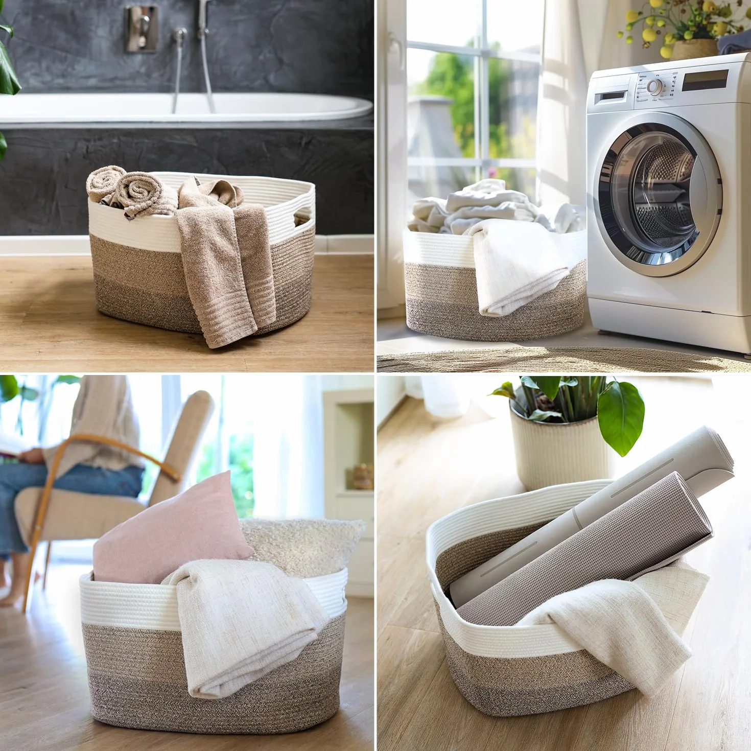 HMF XXL Cesto portabiancheria in cotone, cesto contenitore angolare con manici | 55 x 43 x 30 cm | Bianco-Marrone