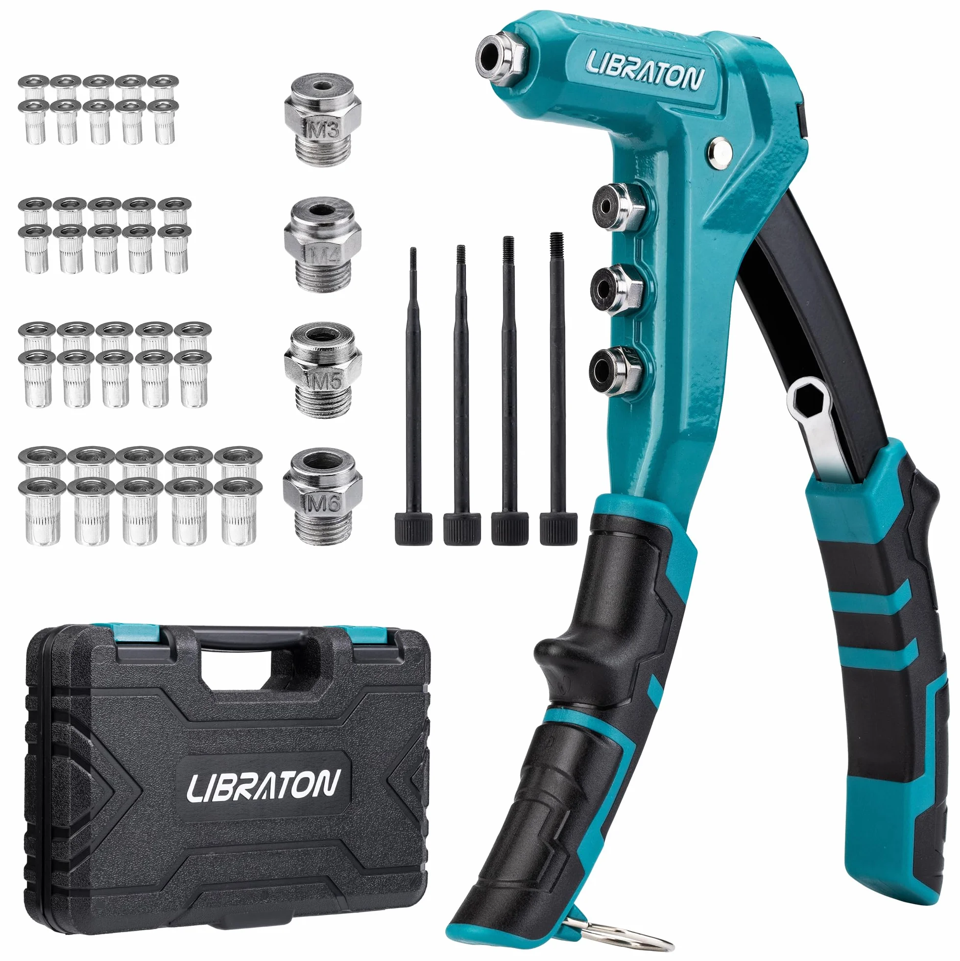 Libraton Dado Rivettatrice Professionale da 9,5", Pistola per Rivetti Inserti Filettati, Pinza Manuale a Rivetti Dadi, con 40pz Dadi M3, M4, M5, M6, Mandrini Intercambiabili 4pz, per Inserti Filettati