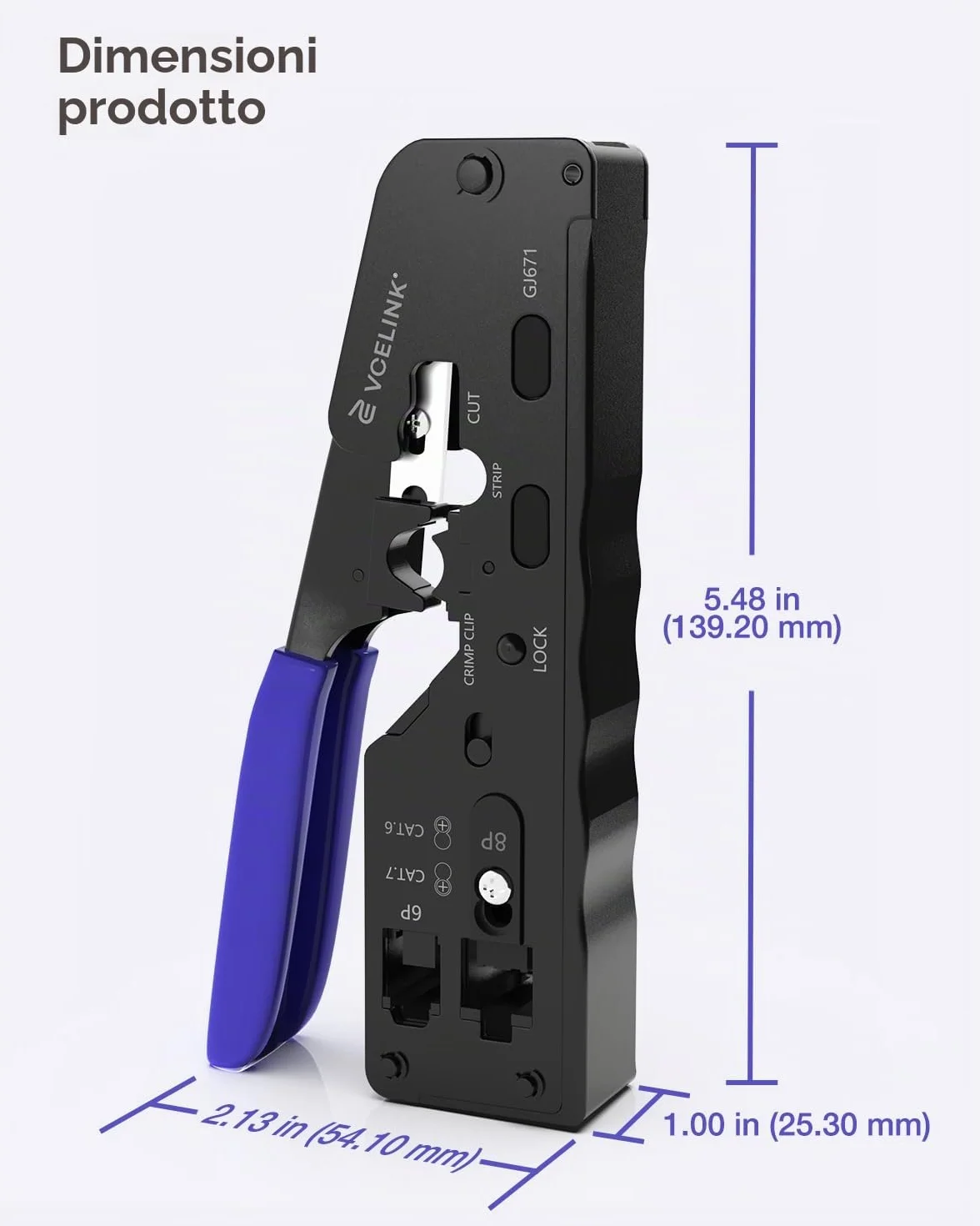VCELINK GJ671BL Pinza Crimpatrice RJ45 Passante Multifunzione, Professionale per Connettori RJ45/RJ12/RJ11, Compatibile con Cavi Cat5-Cat7