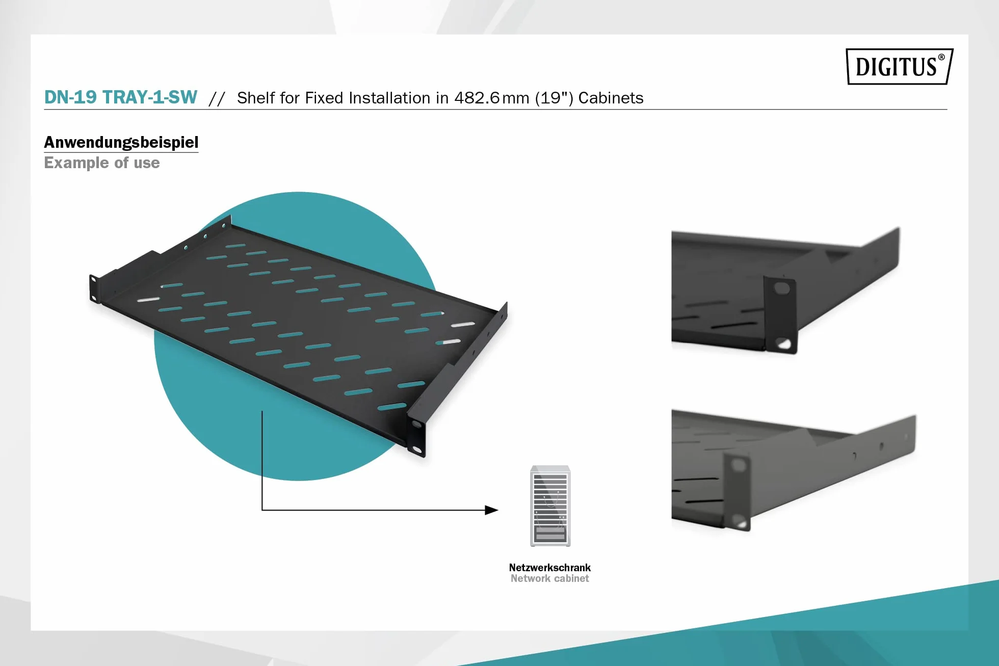DIGITUS DN-19 TRAY-1-SW, Scaffale per installazione fissa in armadi da 19 pollici, capacità di carico 15 kg, a partire da 450 mm di profondità dell'armadio, 1U, nero