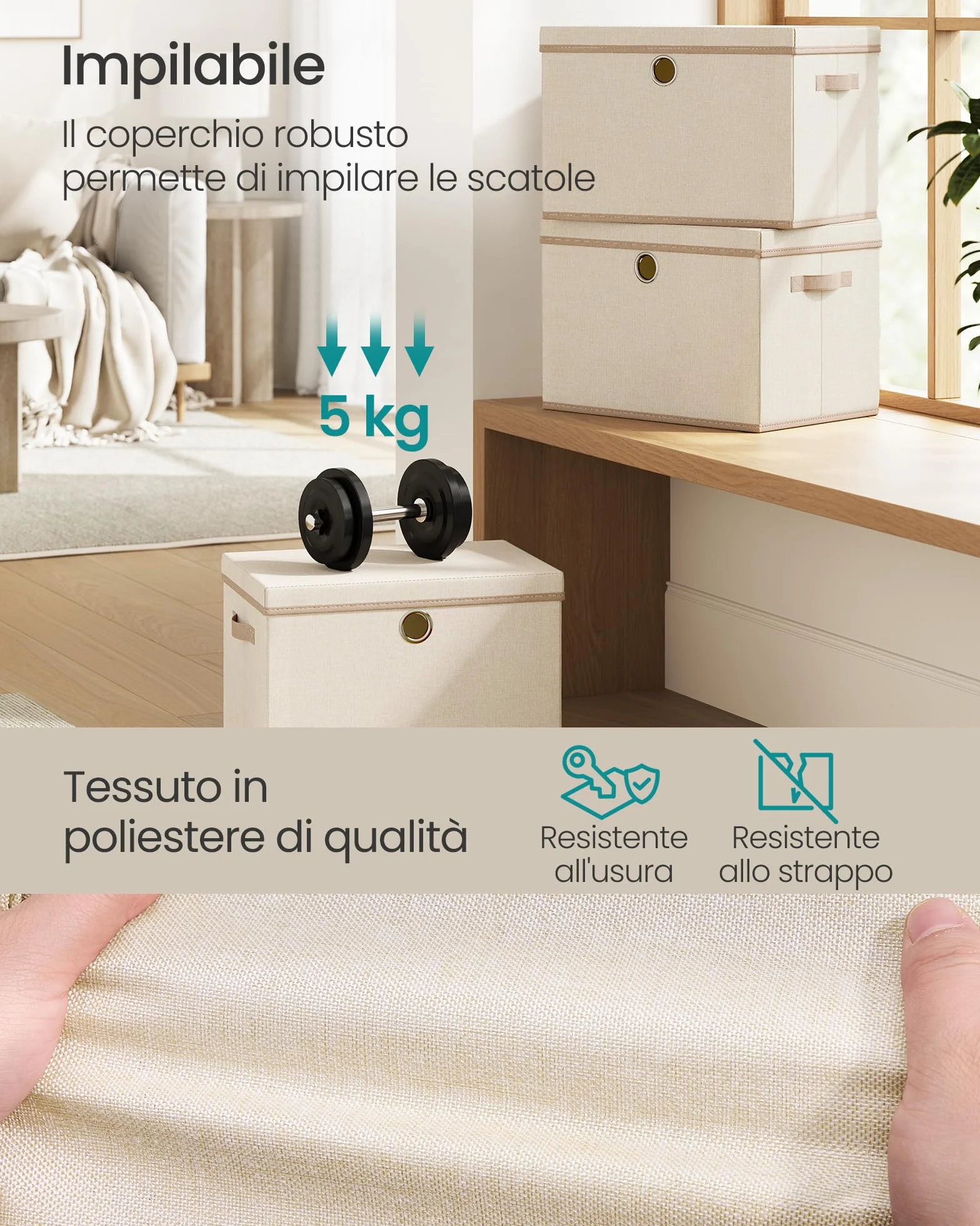 SONGMICS Scatole Portaoggetti con Coperchio, Set di 3 Contenitori in Tessuto, Pieghevoli e Impilabili, 43 x 30 x 30 cm, Beige Cappuccino