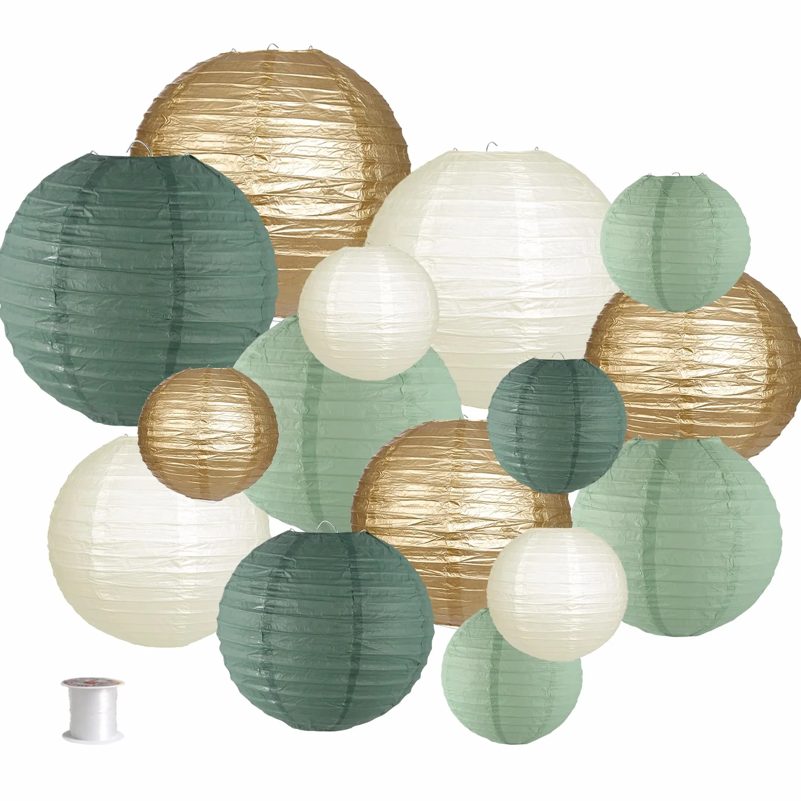 Lanterne di carta decorative, lanterne di carta rotonde da appendere, decorazioni per feste rustiche, addio al nubilato, matrimoni, verde salvia, forniture per feste di compleanno, oro/avorio/verde