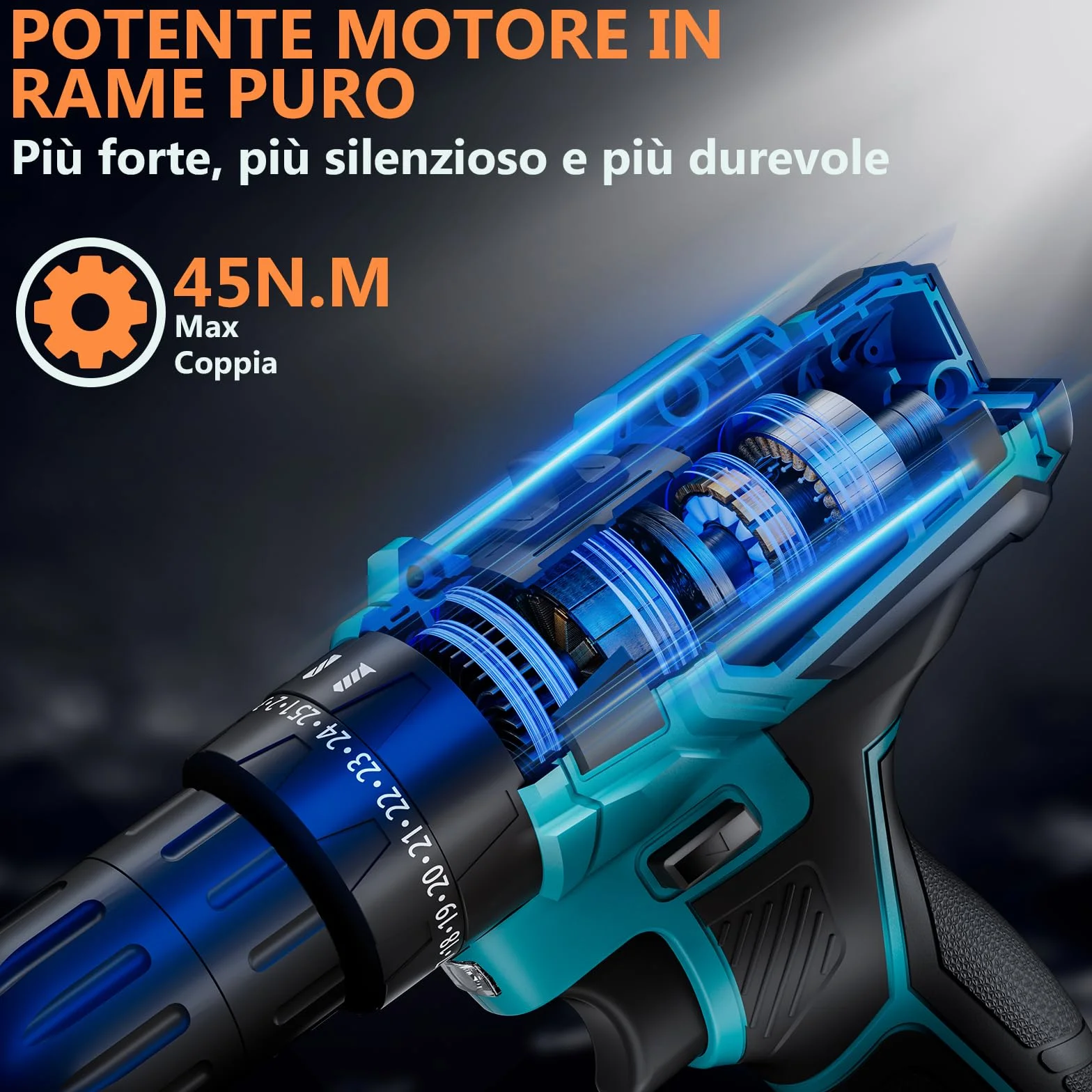Trapano Avvitatore Batteria 21V, con 2×2000mAh Batterie, coppia 45 Nm max, 25 + 3 livelli di coppia (2 marce e LED) per casa e giardino fai da te (Blu)