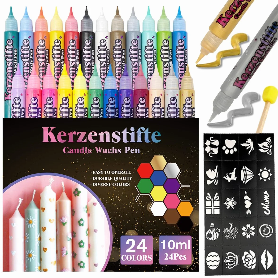 CAwished Set di pittura per candele da 10 ml con adesivi ritagliati e strumenti in spugna, penne per cera per candele, ideale per decorare e progettare (24 colori)
