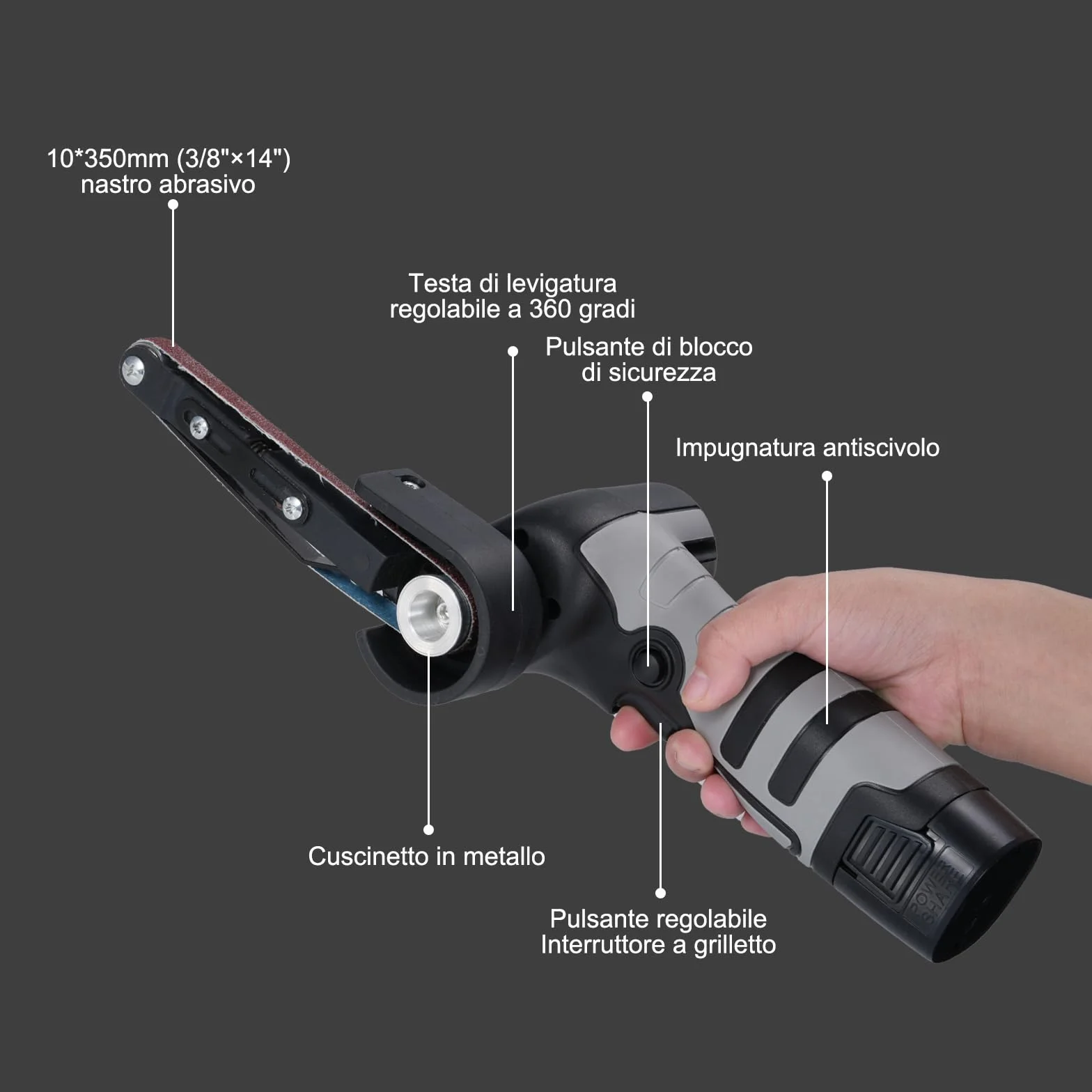 Smerigliatrice a nastro a batteria da 16,8 V, con 10 nastri, con 2 batterie da 1500 mAh,Adatto per metallo e legno
