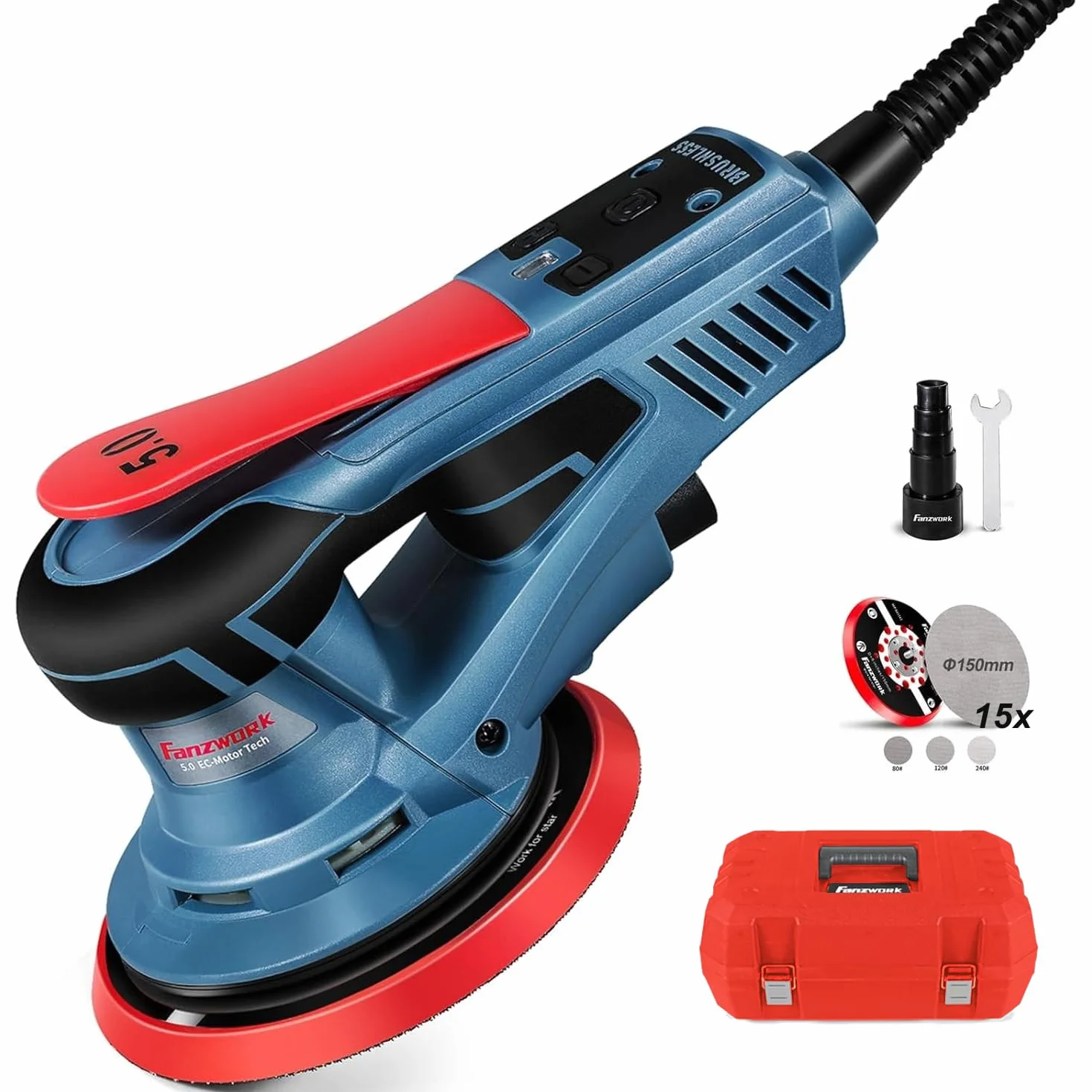 FANZTOOL Levigatrice Orbitale Senza Spazzole 350W 150mm 5,0mm 7 Velocità 18 Dischi Abrasivi Valigetta