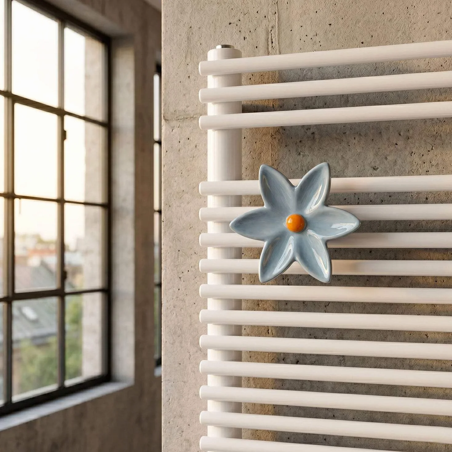 Fiore di Ninfea Appendino Azzurro in Ceramica per Radiatore, Portasciugamani a Forma di Fiore, Made in Italy