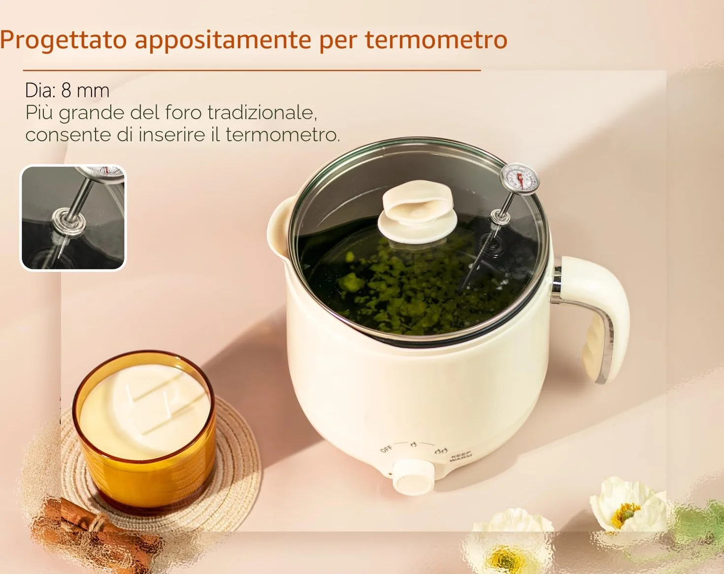 JULWHISPER Fusore di cera per realizzare candele, 1,8 l, con beccuccio per versare, kit per la creazione di candele per adulti incluso - stoppini, adesivi per stoppini-Spina UE