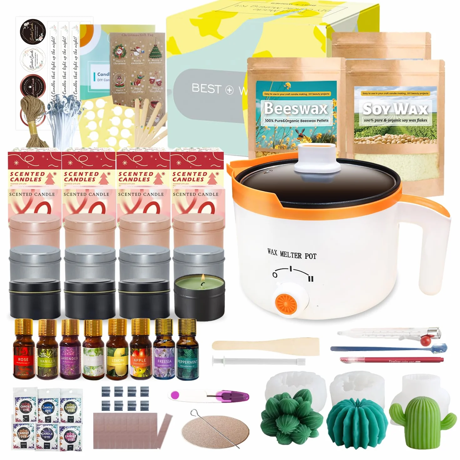 Ksedcon Kit Completo per la Creazione di Candele Profumate per Adulti – Include 900g di Cera di Soia, 454g di Cera d'Api, Set per Candele fai da te con Stampi – Il Regalo Fai-da-te Perfetto