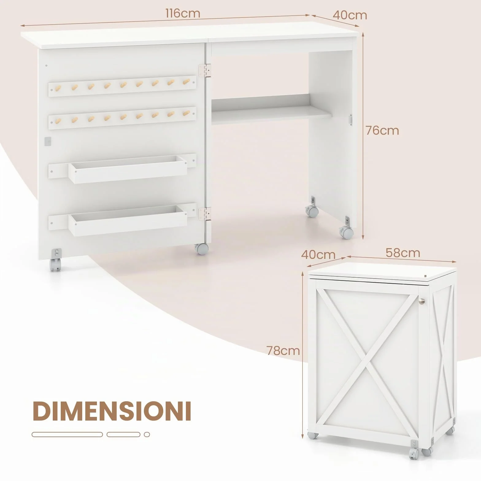 GIANTEX Tavolo Cucire con Ruote, Tavolino Cucito Pieghevole, Asse da Stiro Richiudibile, Mobile per Macchina da Cucire a Scomparsa, Allungabile a 3 Livelli, 58x40x78 cm, 2 Colori Disponibili