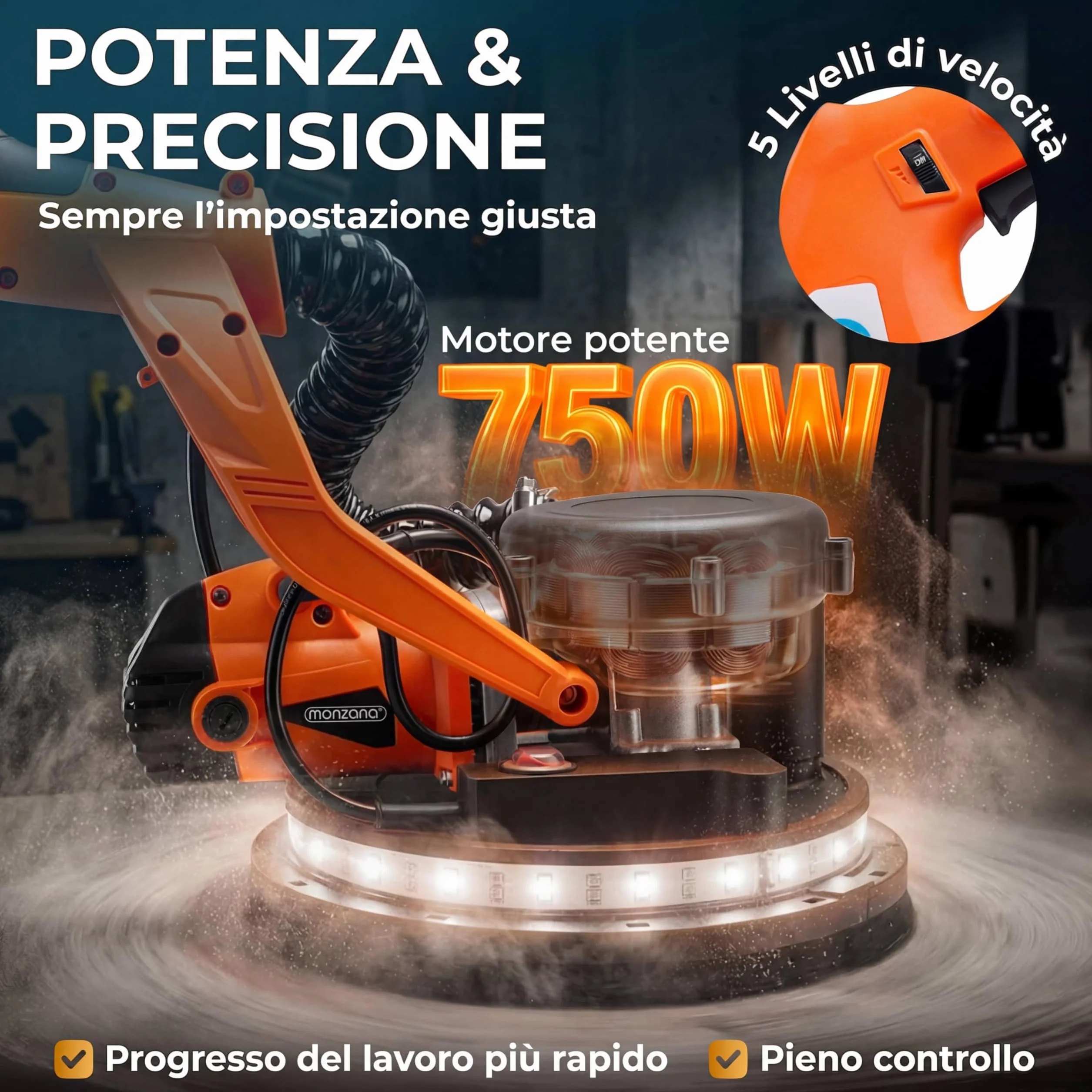 MONZANA Levigatrice Muro 750W Telescopica Cartongesso Giraffa 12 Dischi Abrasivi