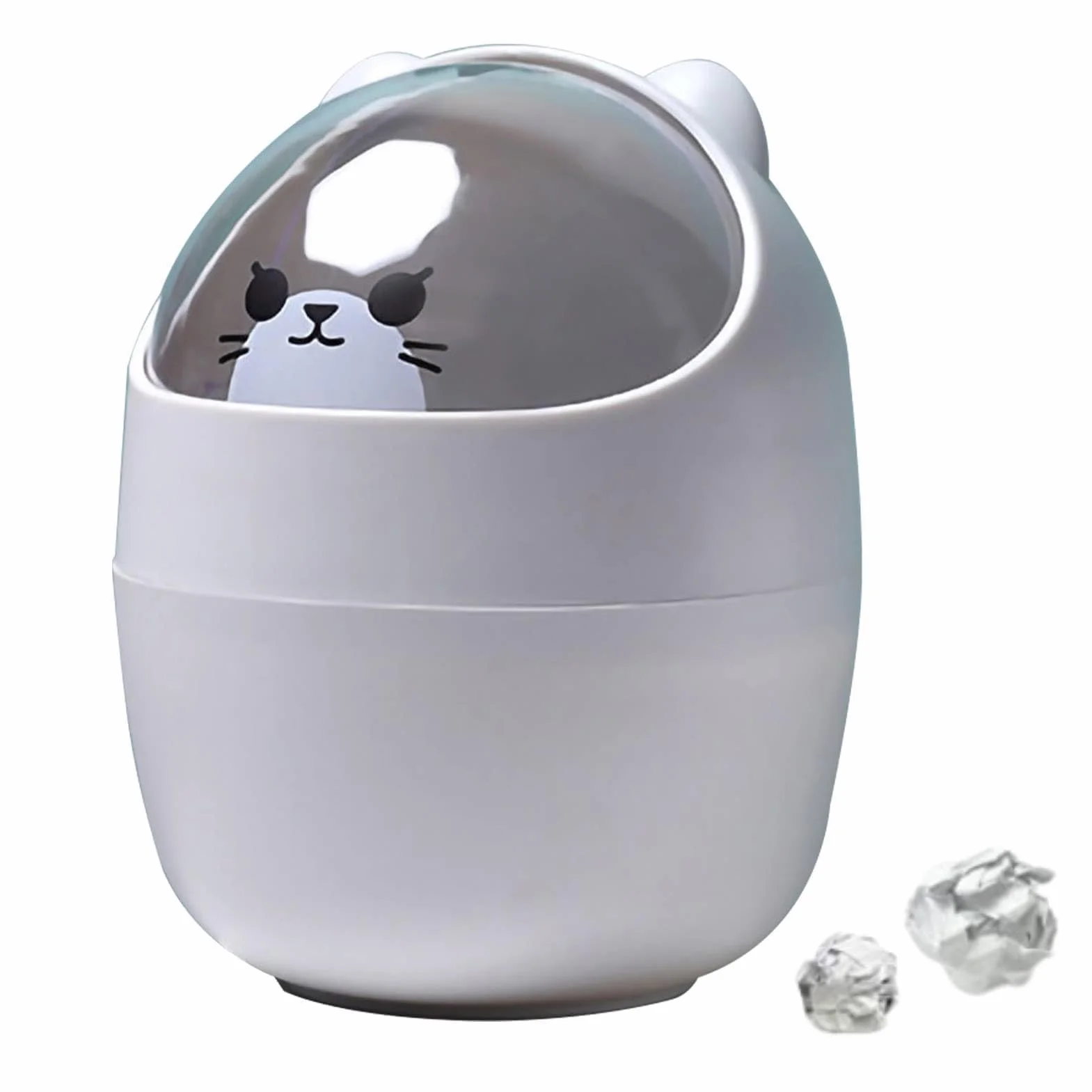 Simpatico mini cestino da scrivania, cestino per la carta straccia a forma di animale di gatto dei cartoni animati con coperchio basculante Mini pattumiera da appoggio Piccolo bidone della(Grigio)