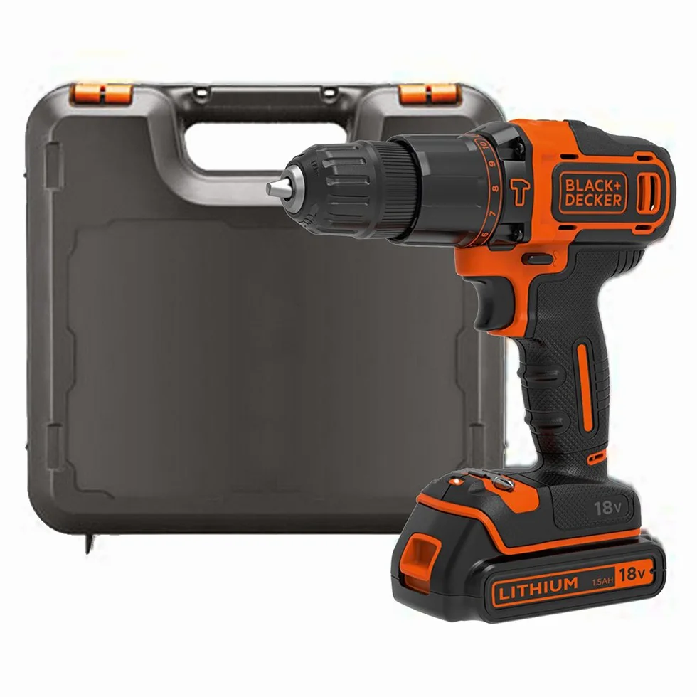 BLACK+DECKER Trapano a percussione a batteria da 18V, batteria da 1,5Ah, caricatore da 400mA, custodia, BDCHD18K-QW