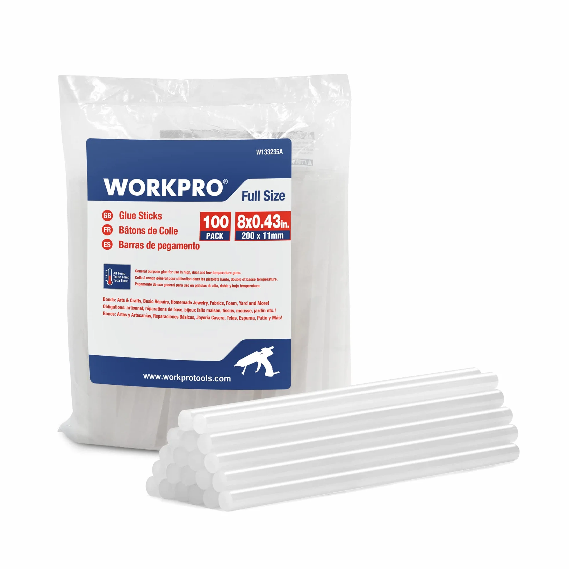 WORKPRO 100 bastoncini di colla calda 200 x 11 mm, bastoncini di colla trasparenti universali per pistola a colla calda, ideali per fai da te, artigianato, tempo libero