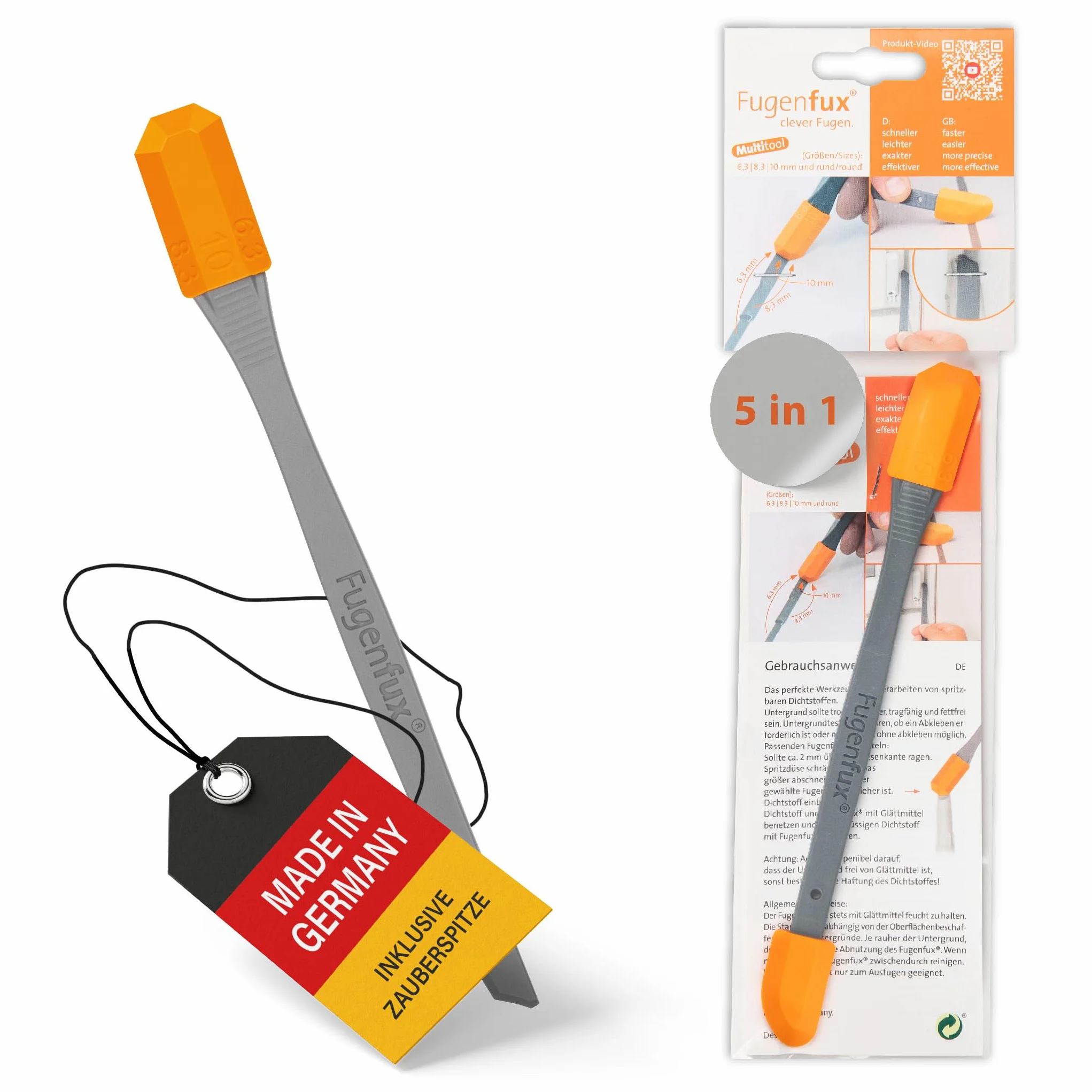 FUGENFUX® Modello 2025 MULTITOOL - Estrattore fughe 2 in 1 con rivoluzionaria punta magica e 5 stampi per fughe - Piastra versatile, Estrattore silicone, Made in Germany, ideale per silicone, acrilico