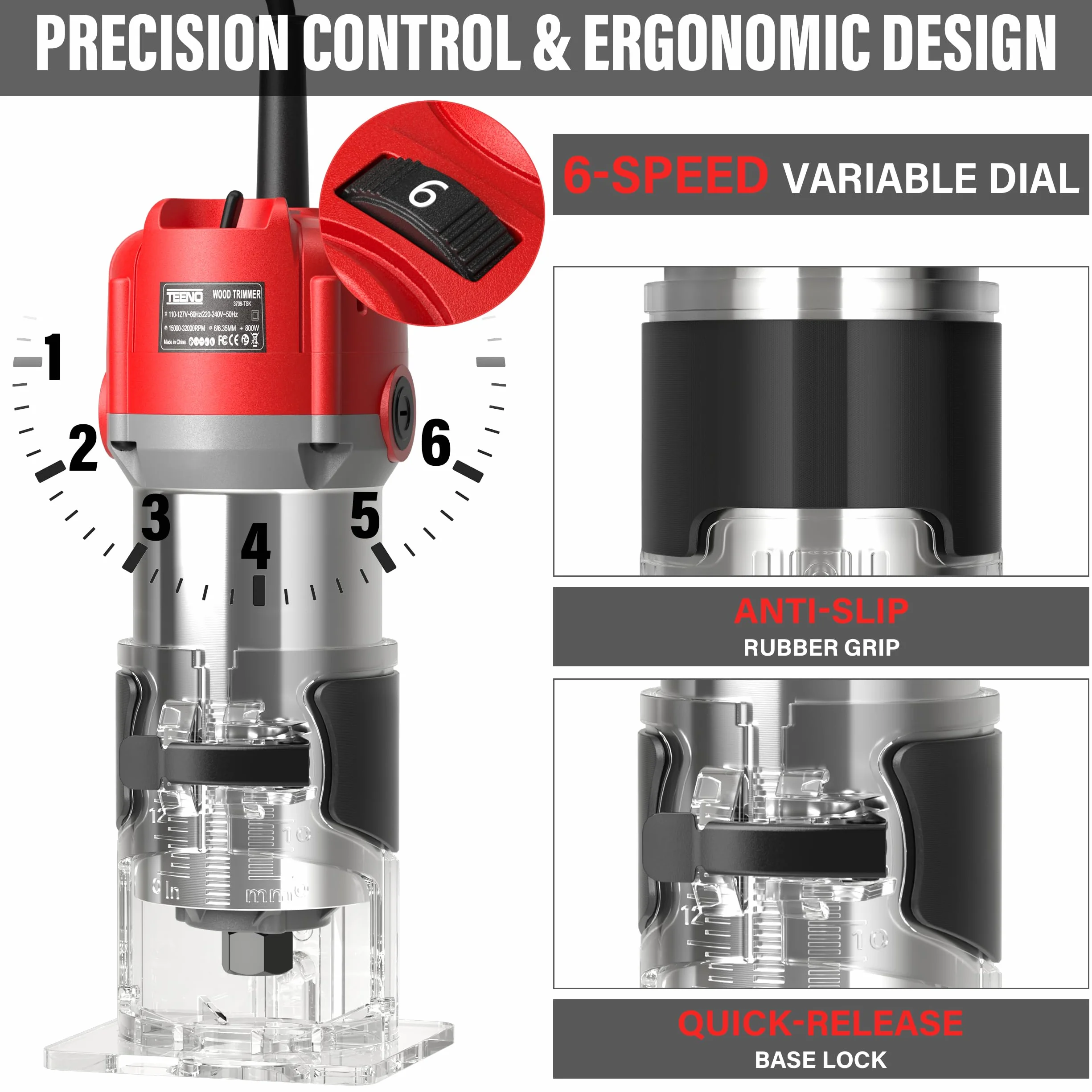 TEENO Rifilatore Fresatrice Verticale per Legno 800W 15000-32000 RPM, 6 Velocità Variabili Legno Rifilatrice Elettrica,32 Accessori,15 pezzi 1/4" Fresatura Cuter, Mandrino 6/6.35,SCATOLA DI PLASTICA