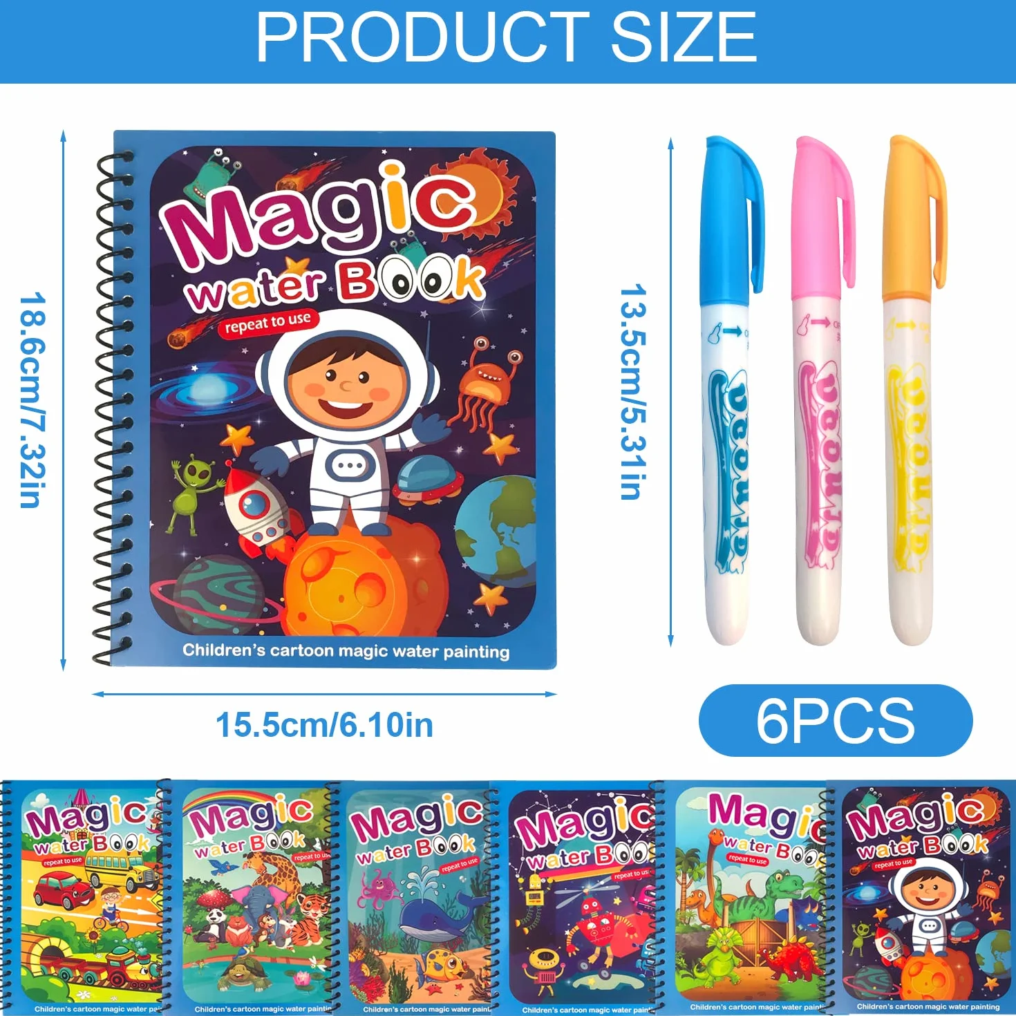 Libro Magico da Colorare 6 Pezzi Libro ad Acqua per Bambini Libro da Disegno ad Acqua Riutilizzabile con 6 Penna Acqua Regalo per Bambini Bambina