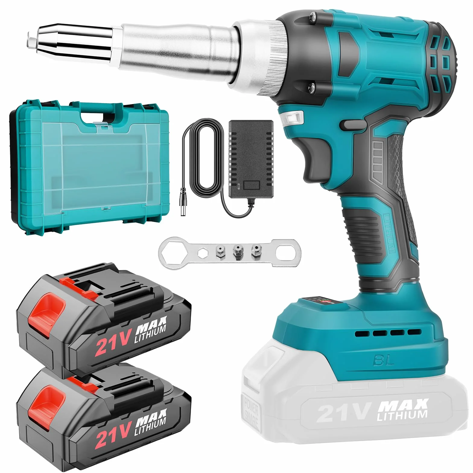 Yofuly Rivettatrice a Batteria Compatibile con Batterie Makita 18V, Pistola per Rivetti con 2* Batterie, 20.000N Brushless Elettrica Rivettatrice Automatica con 3 Adattatori
