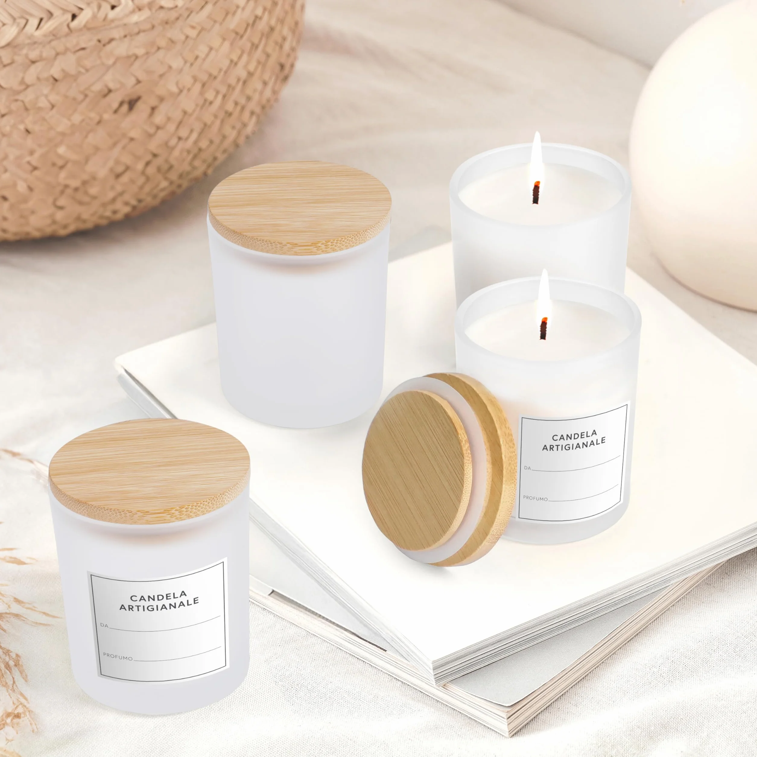 Winter Shore 170 ml Barattoli Vetro con Coperchio [Set di 15] - Contenitori Vetro Smerigliati per Realizzare Candele - Candele Fai da Te - 15 Etichette Adesive, 15 Etichette Vuote, 1 Penna Nera