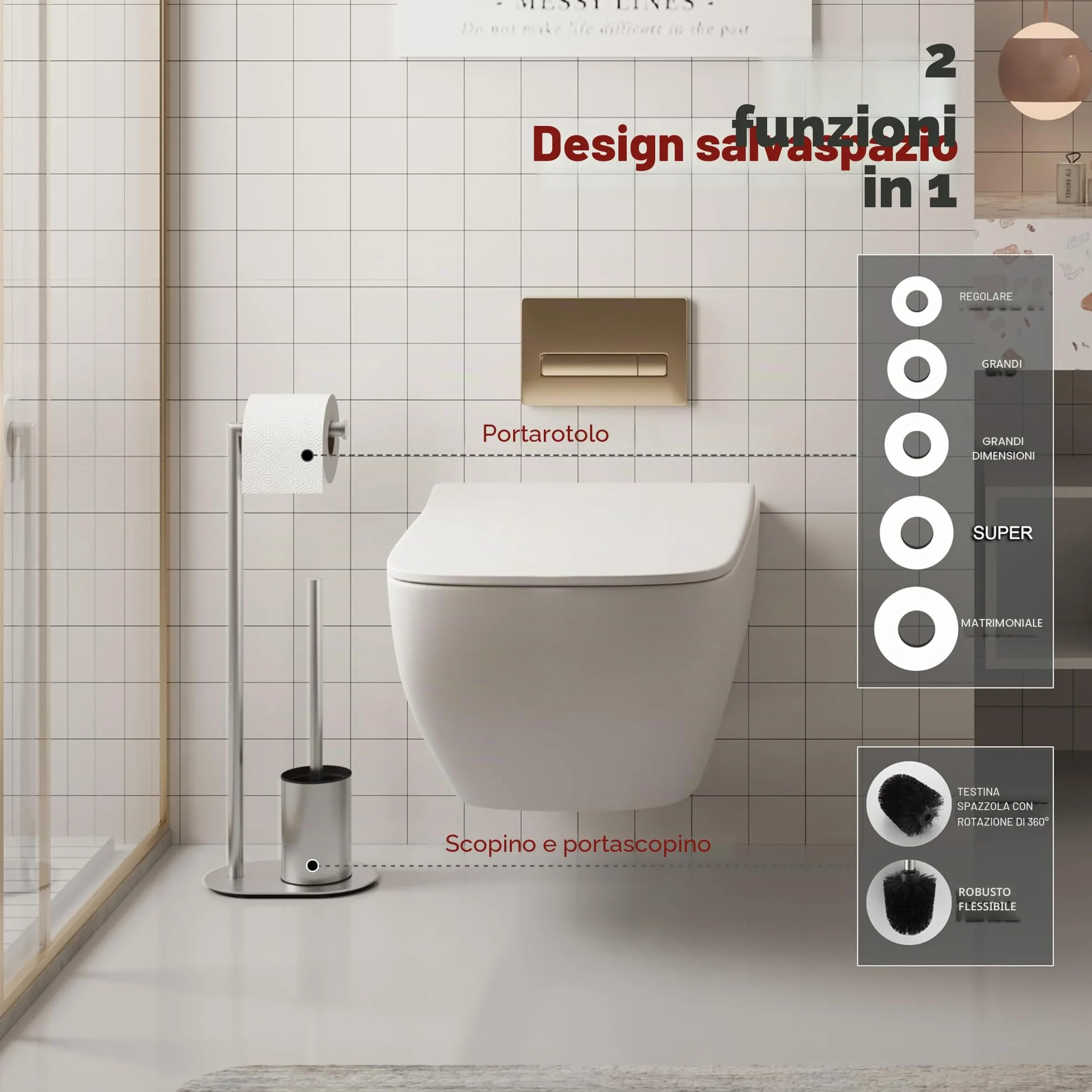 BVL Piantana Portarotolo e Scopino Spazzolato, Scopino WC con Porta Carta Igienica in Acciaio Inox, Porta Carta Igienica da Terra Scopino Bagno WC