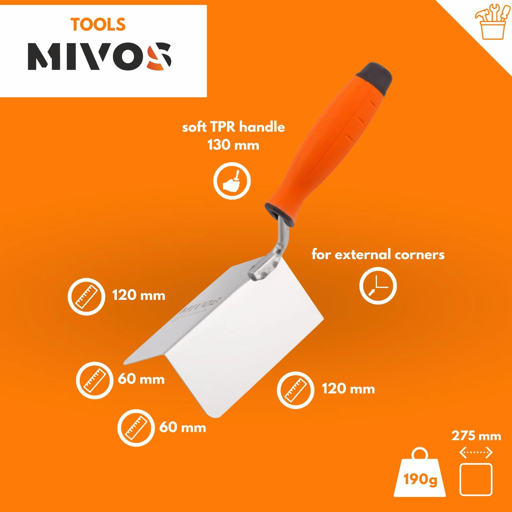 Mivos 2x Spatola Angolare Antiruggine 120 x 60 mm - Cazzuola Angolare Interna ed Esterna in Acciaio Inox - Cazzuola per Bordi Interni ed Esterni con Impugnatura Morbida - Spatole Angolari