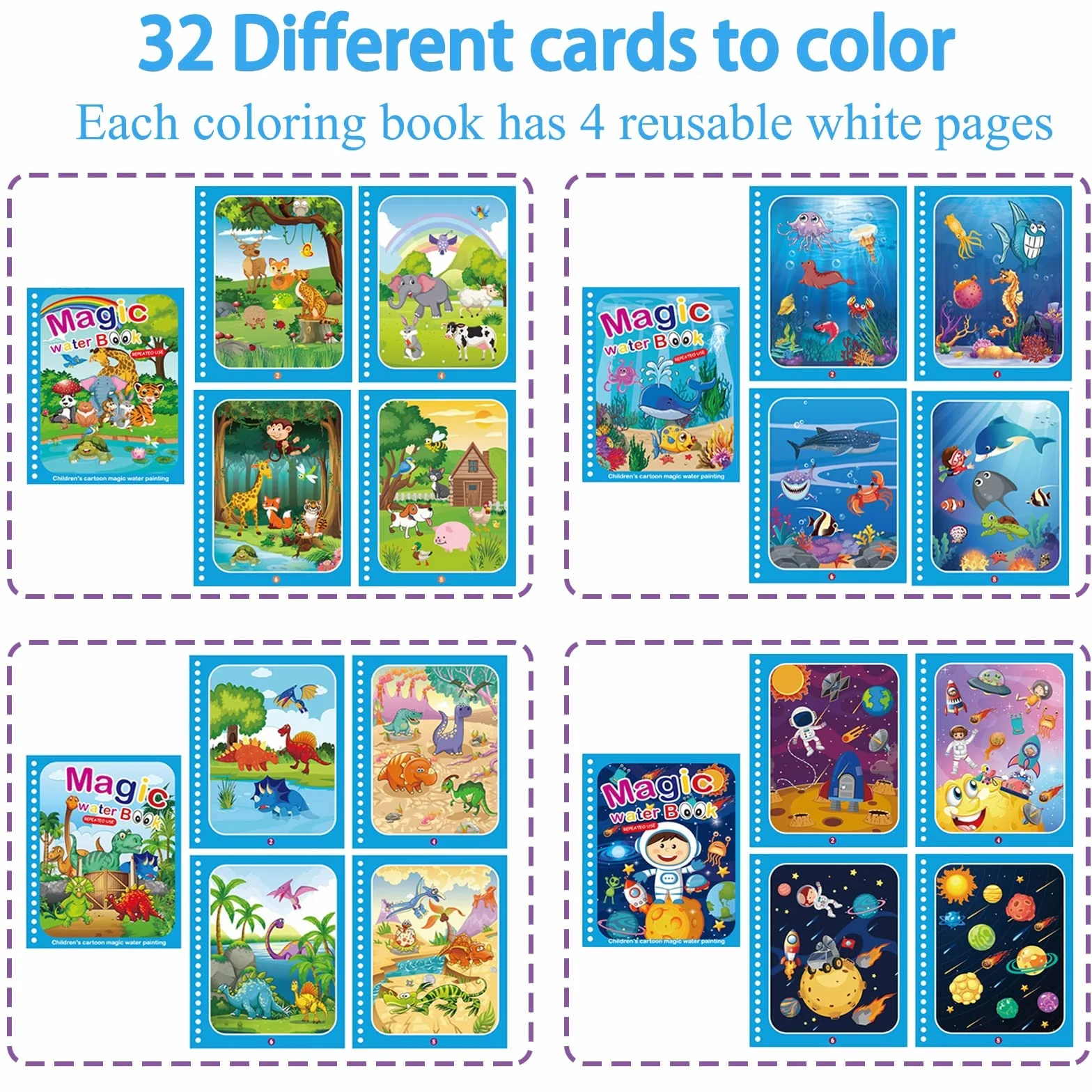 Magic Water Coloring Book 8 Pezzi Libri ad Acqua Bambini Drawing Libro da Colorare Doodle con Penna Magica Riutilizzabile Educativo