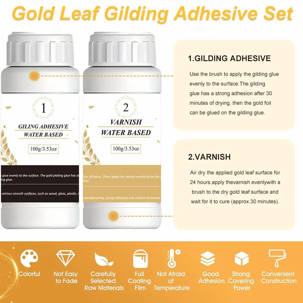Set Adesivi per Doratura a Foglia D'oro,Colla per Foglia Oro,100ml Colla a Base D'acqua e 100ml Vernice Protettiva,100 Fogli Foglia Oro,2 Pennelli,1 Pince,per Mestieri,Dipinti,Arte