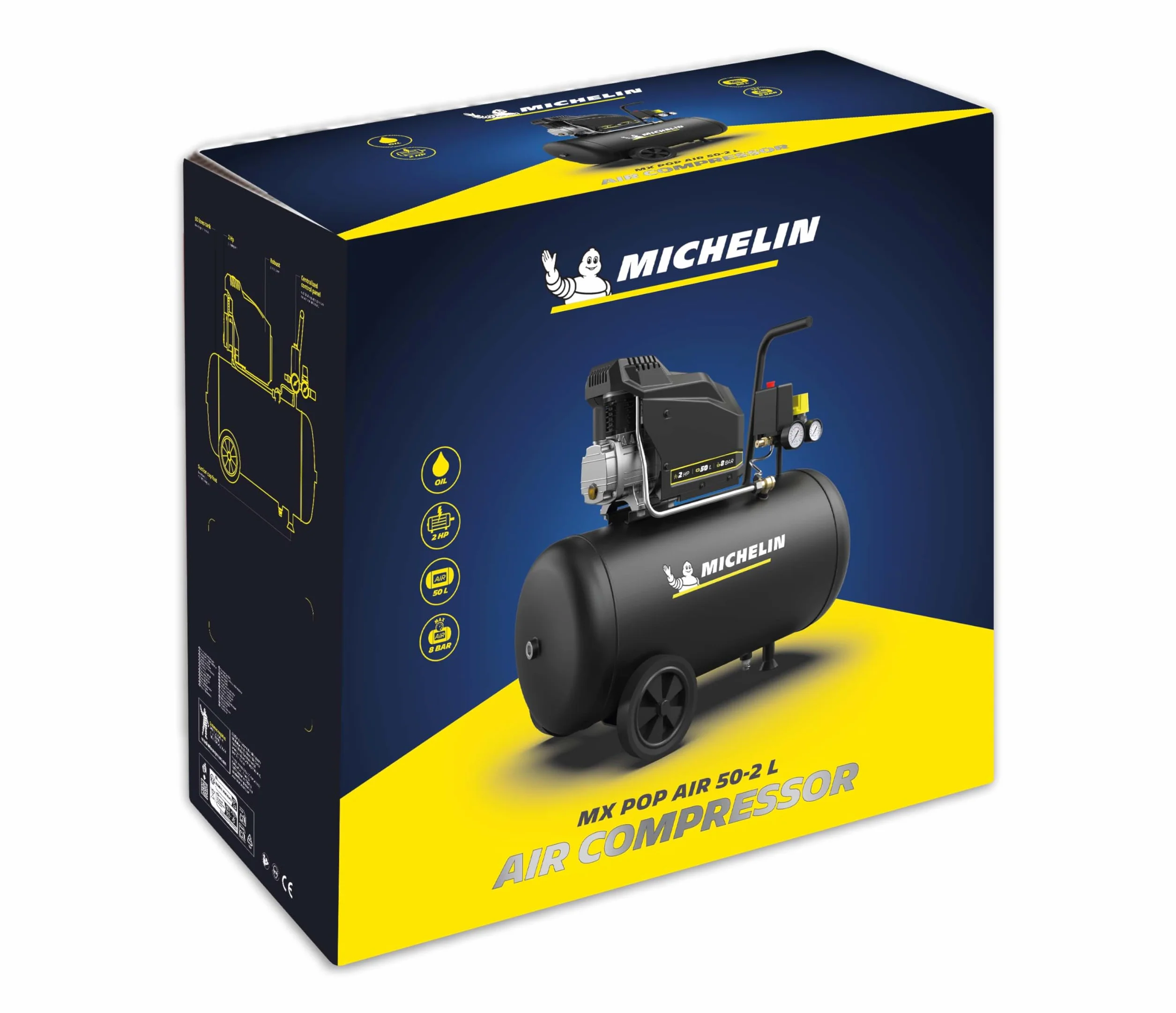 MICHELIN, Compressore d’Aria MX POP AIR 50-2 L, Serbatoio 50 Litri con Ruote, Motore da 2 hp, Pressione Massima 8 bar, Portata d’Aria 195 l/min