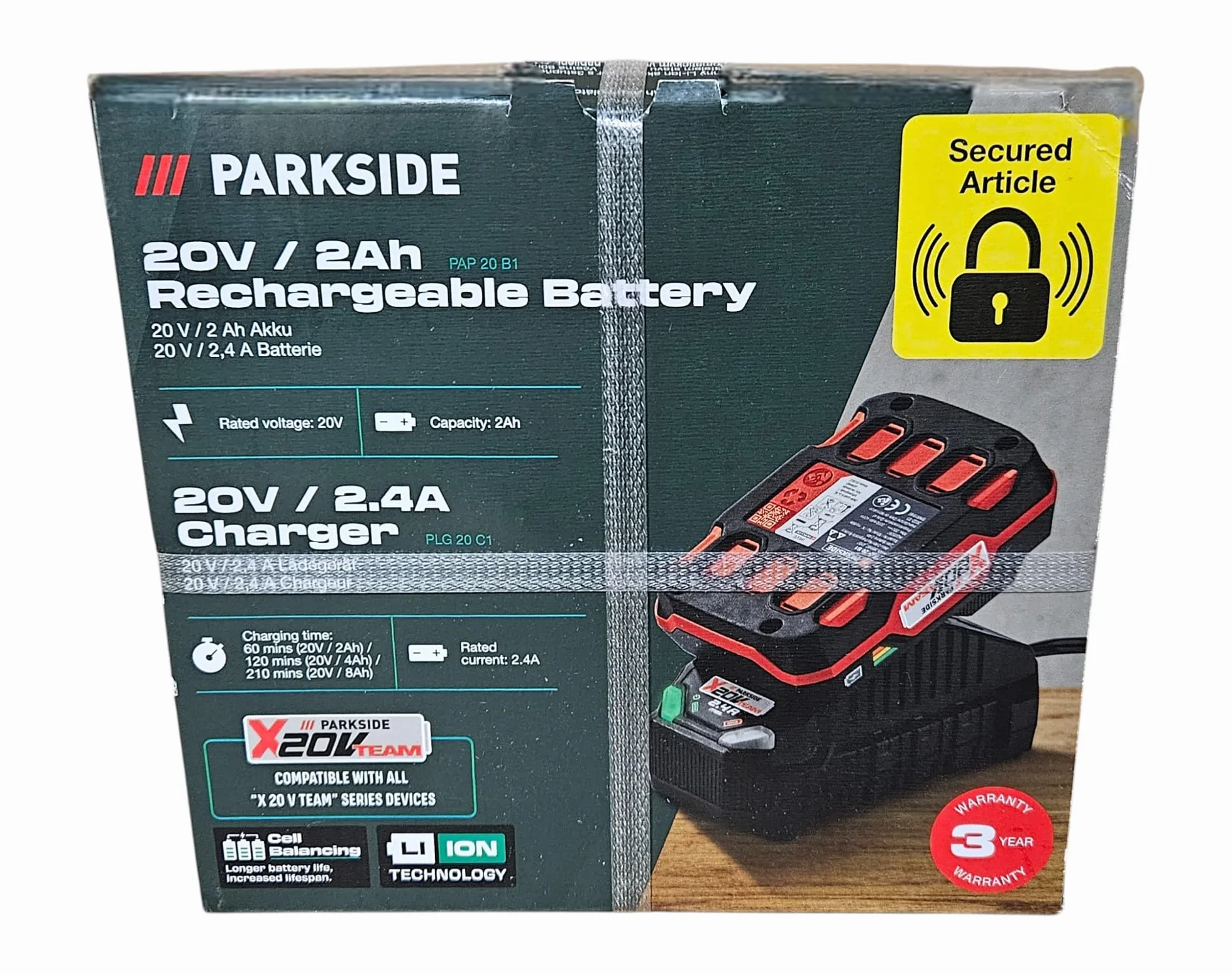 Parkside Batteria agli ioni di litio da 20 V, 2 Ah (PAP 20 B1) e caricatore da 60 min (PLG 20 C1) 65 W - 2,4 A - Bilanciamento delle celle per un'autonomia e una durata prolungate