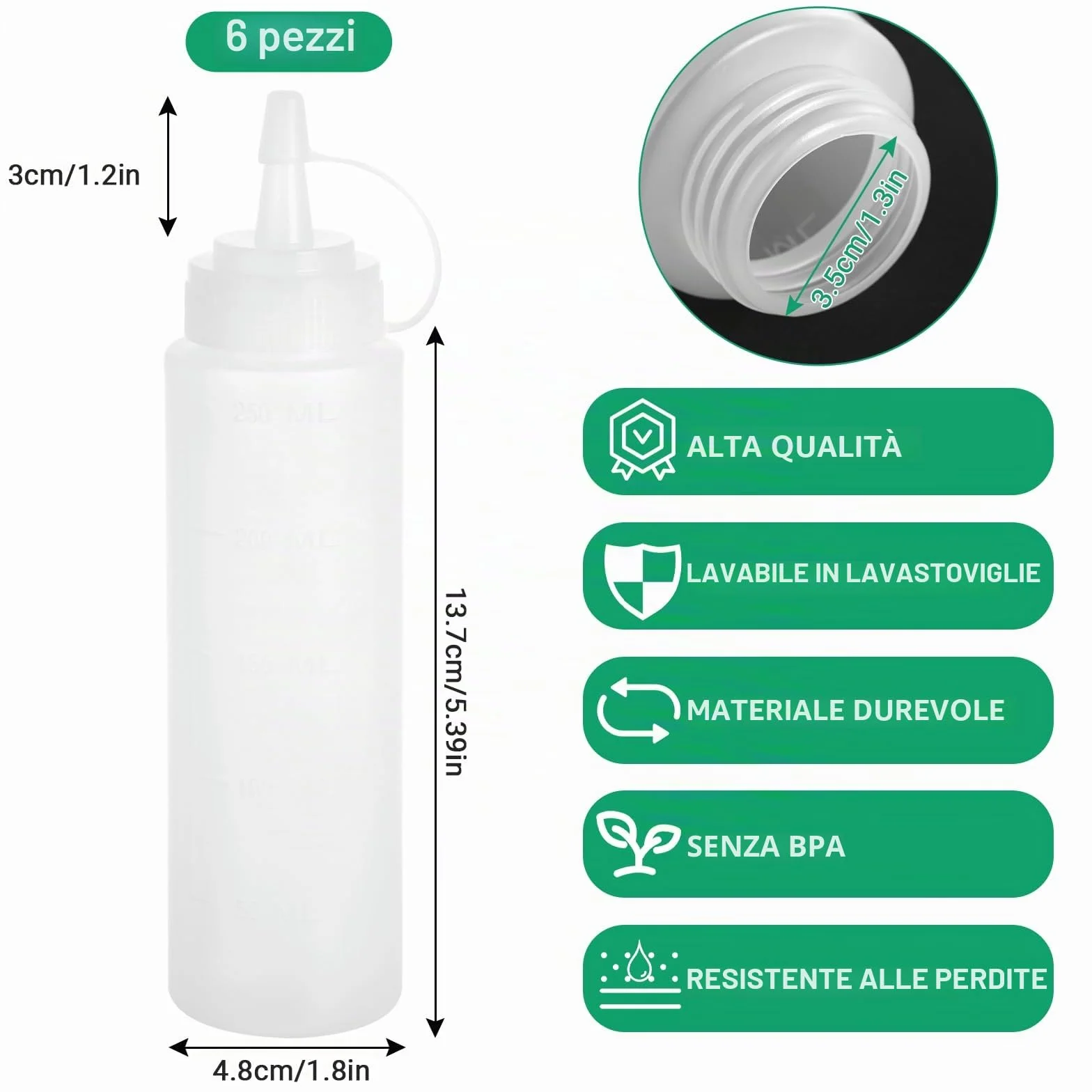 Flacone Dosatore 240ml 6 Pezzi Senza BPA Bianco – Flaconi Spremi Cucina Anti-Perdita per Salse Ketchup Senape Olio