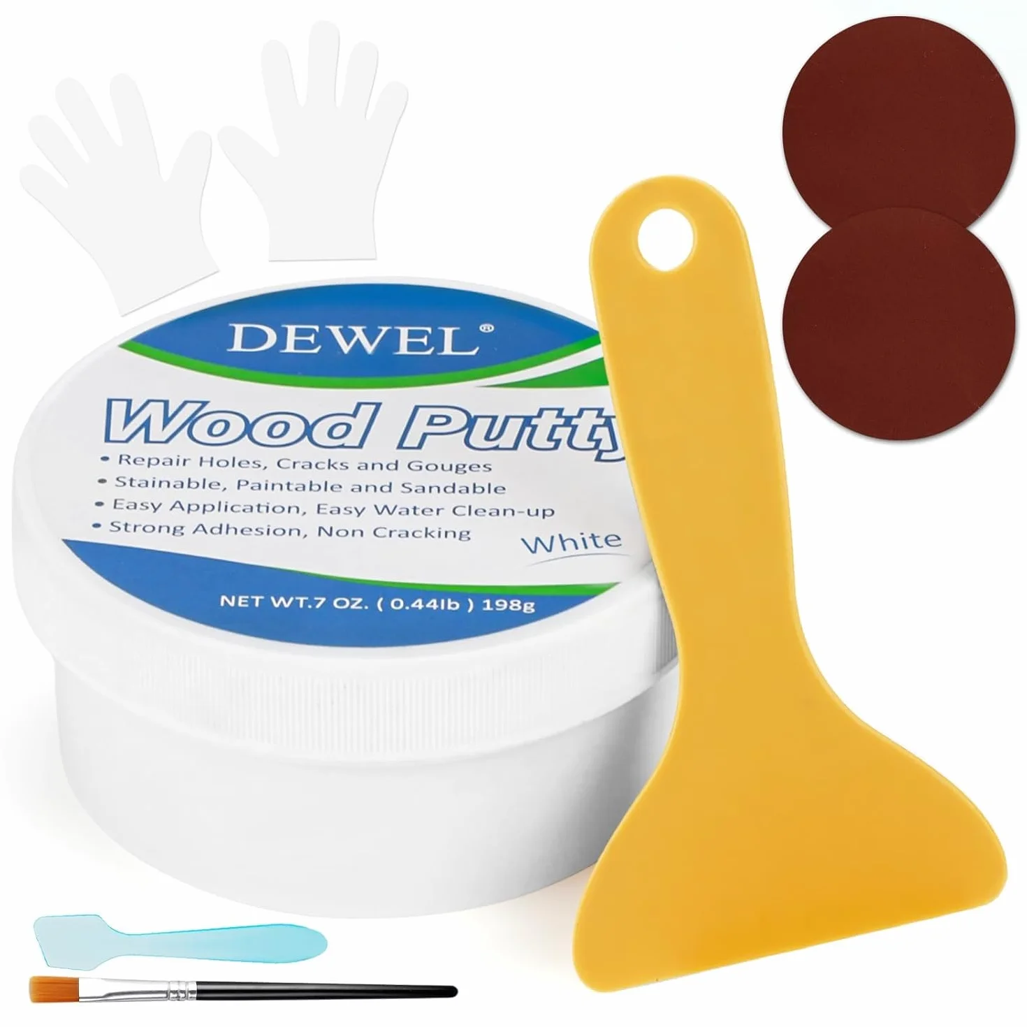 DEWEL Stucco per Legno Bianco all'Acqua 200g-Kit Riparazione Mobili-Riempire Buchi e Crepe
