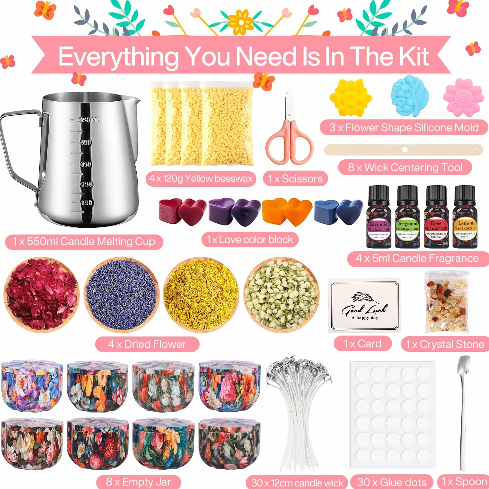TEWWCEO Kit per Fabbricazione Candele, Set Regalo DIY con Cera d'api da 480g, 8 Vaso a Forma di Fior - per Principianti