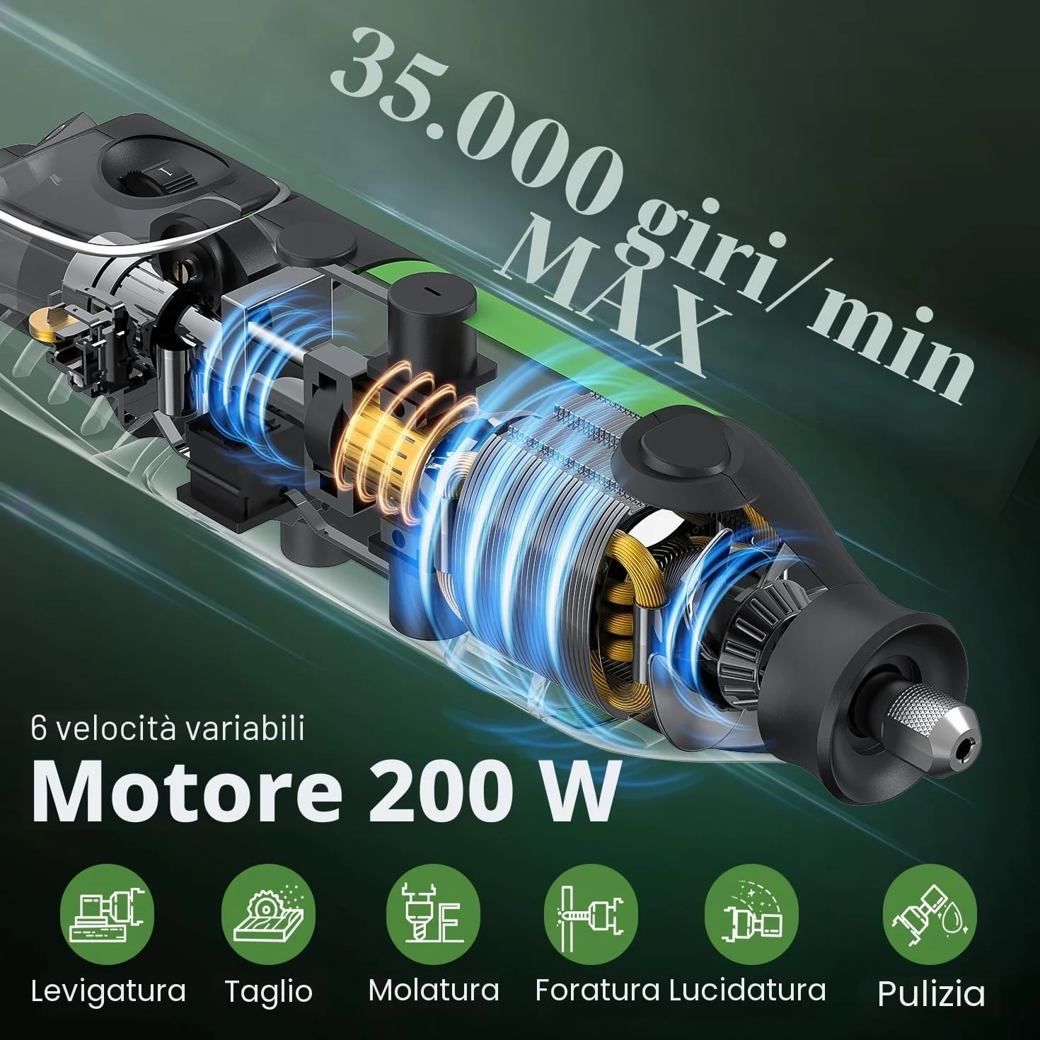 Ginour Strumento Multifunzione 200W Utensile Rotante 135 Accessori 6 Velocità 8000-35000RPM