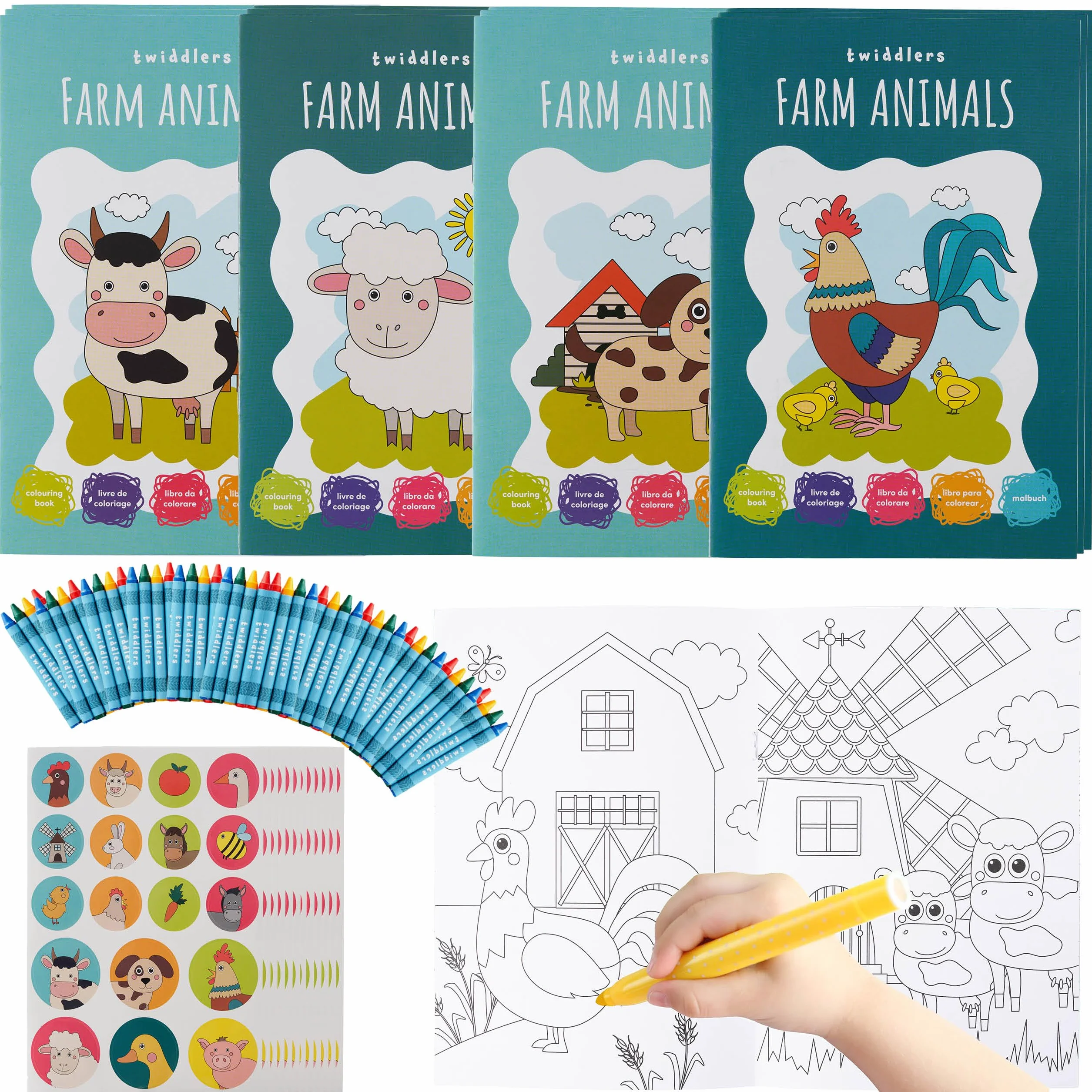 THE TWIDDLERS Set di 12 Mini Libri da Colorare Tema Fattoria (Formato A5) con 48 Pennarelli e Adesivi - Regalini di Fine Festa per Bambini 4-8 Anni