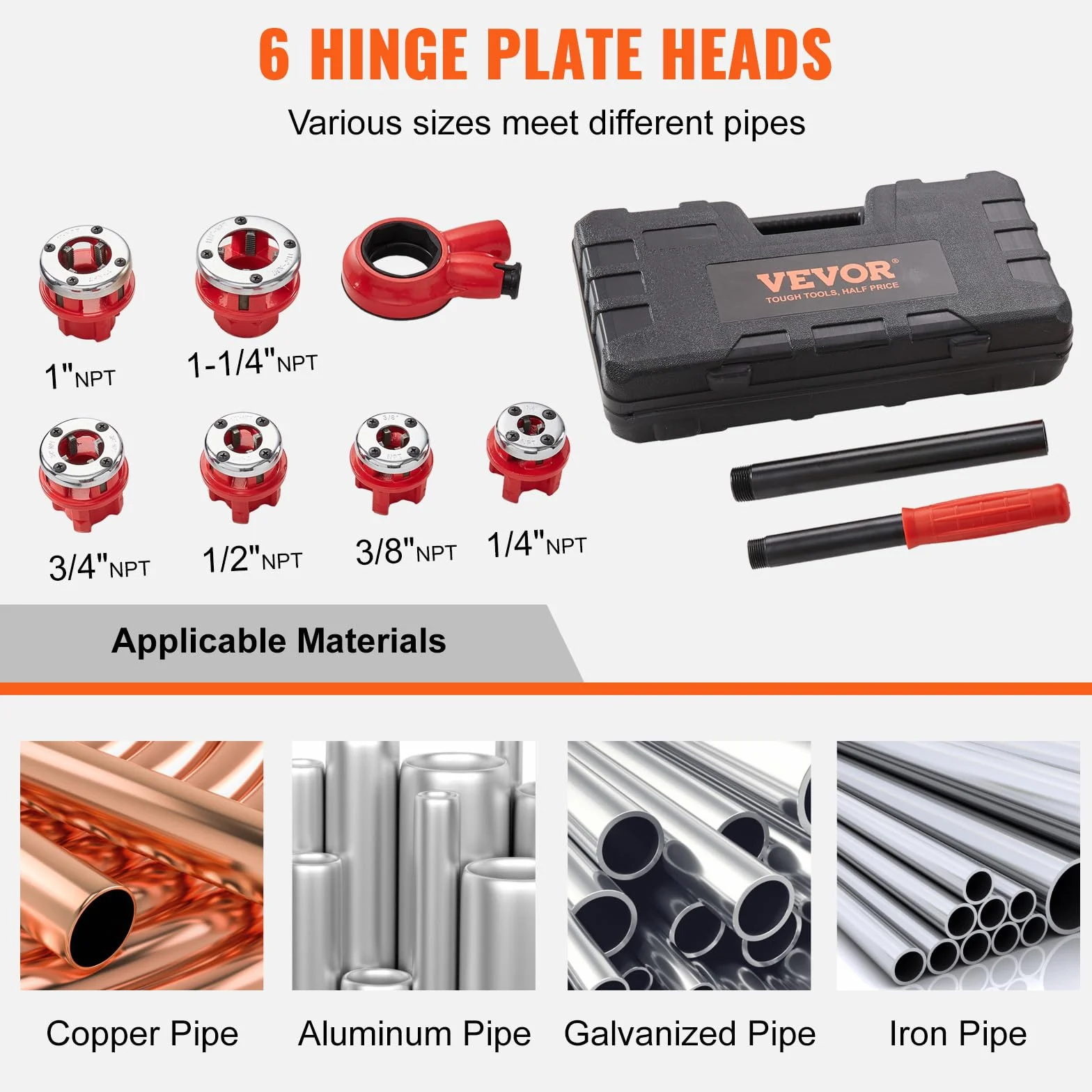 VEVOR Kit di Filettatura dei Tubi con Cricchetto Set di 6 Matrici 1/4" NPT-1-1/4" NPT Teste Idrauliche Manuali Portatili in Valigetta per Tubi, Kit di Strumenti per Filettare Tubi a Cricchetto Manuale