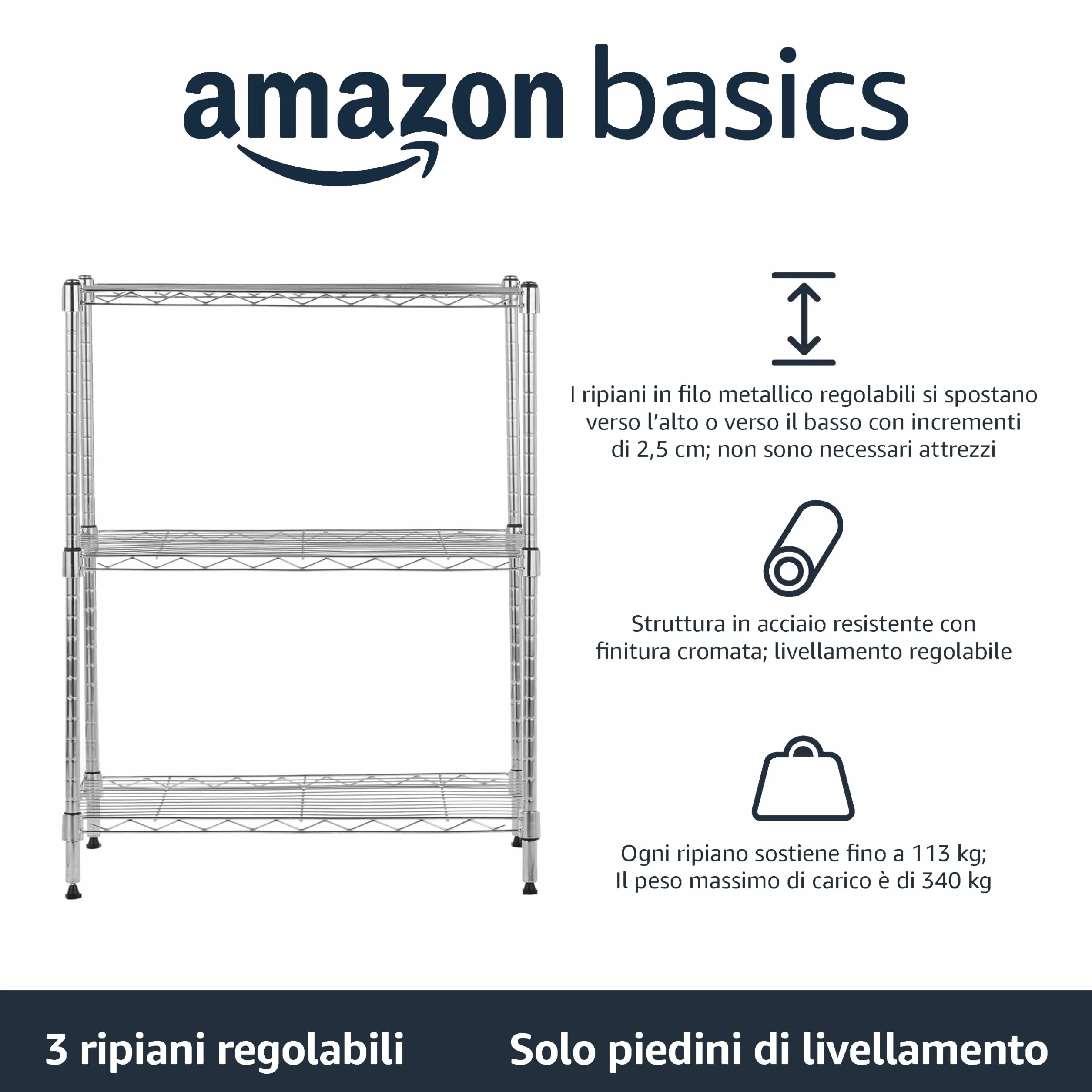 Amazon Basics Scaffaliera a 3 ripiani stretti, altezza dei ripianie piedini di livellamento regolabili, peso massimo 340 kg, Cromo, 34 x 58.9 x 76.2 cm (D x W x H)
