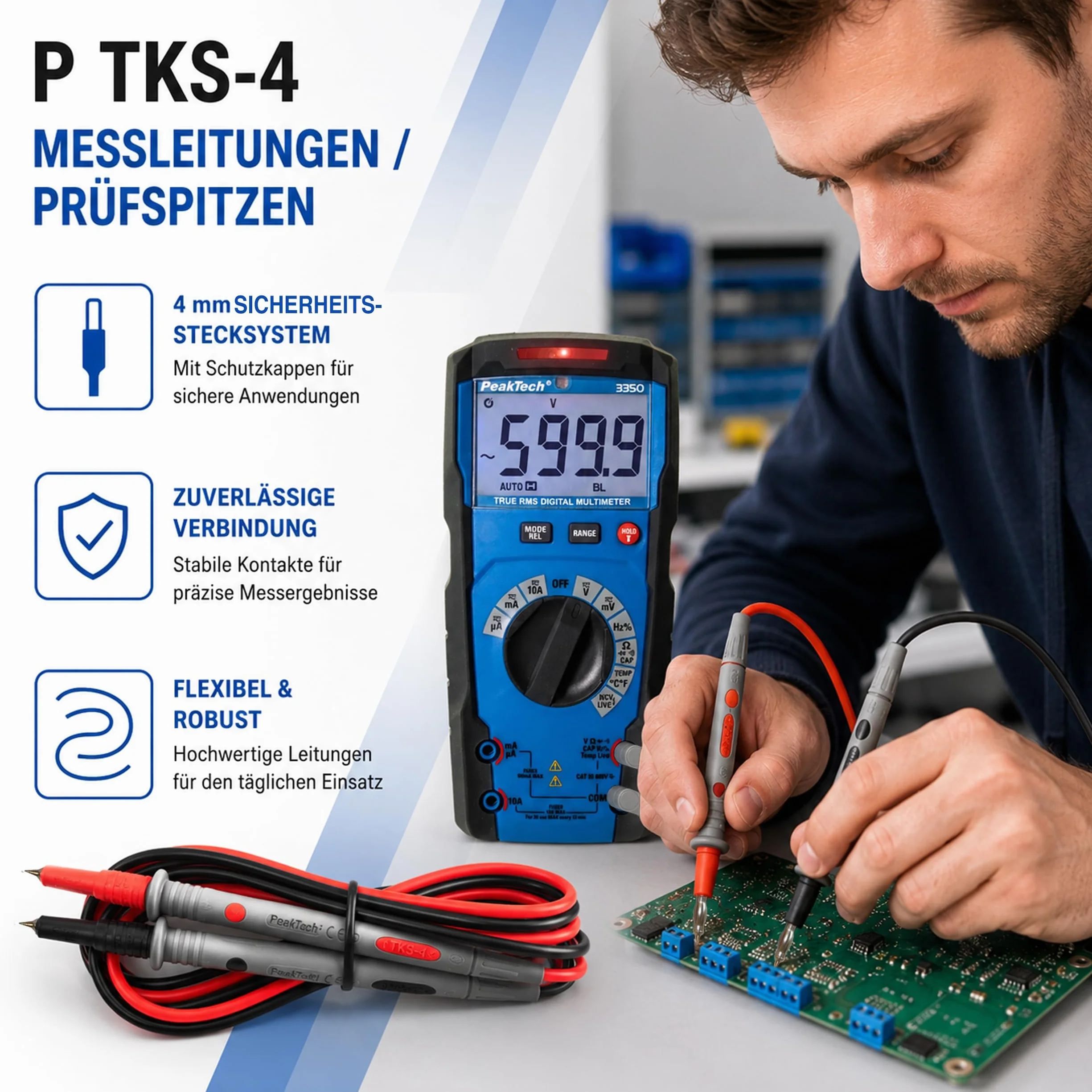 Peak Tech Puntali multimetro flessibile 120 cm 1000 V AC/DC 10 A Cat III/IV TKS 4