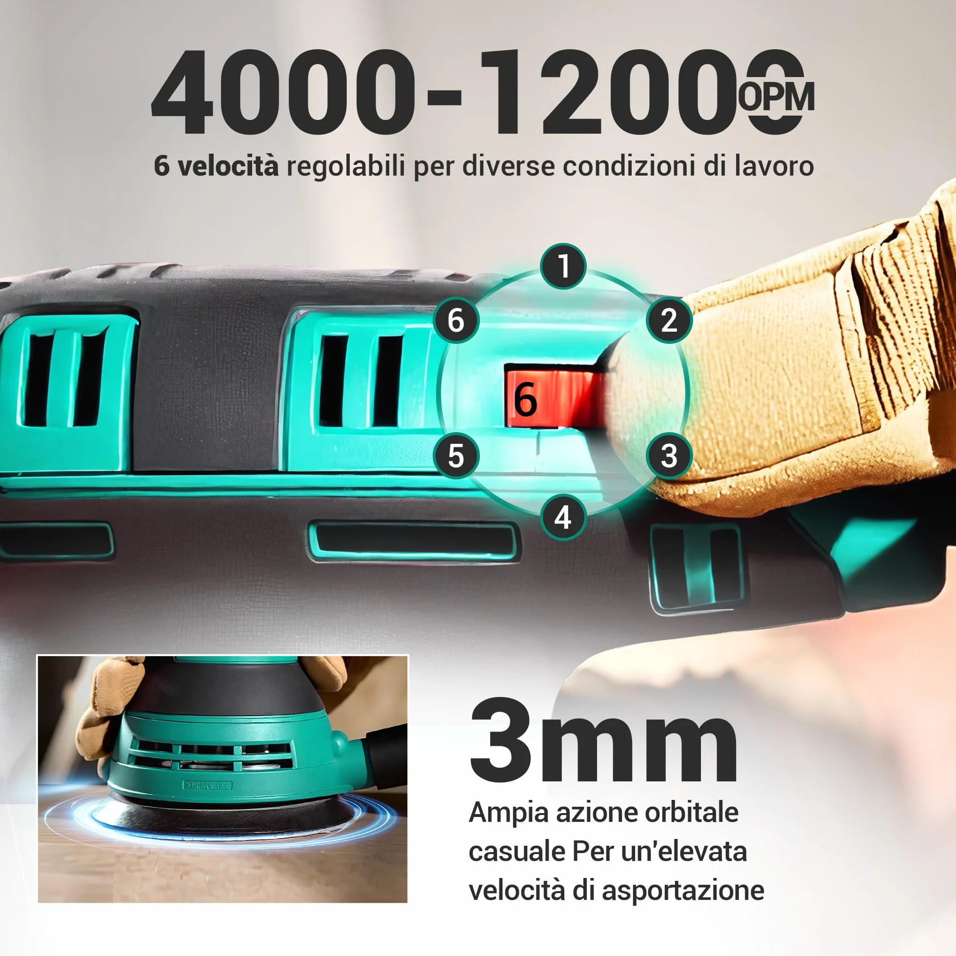 DCA Levigatrice Orbitale 300W 12000RPM 6 Velocità Variabili 125mm Dischi Abrasivi