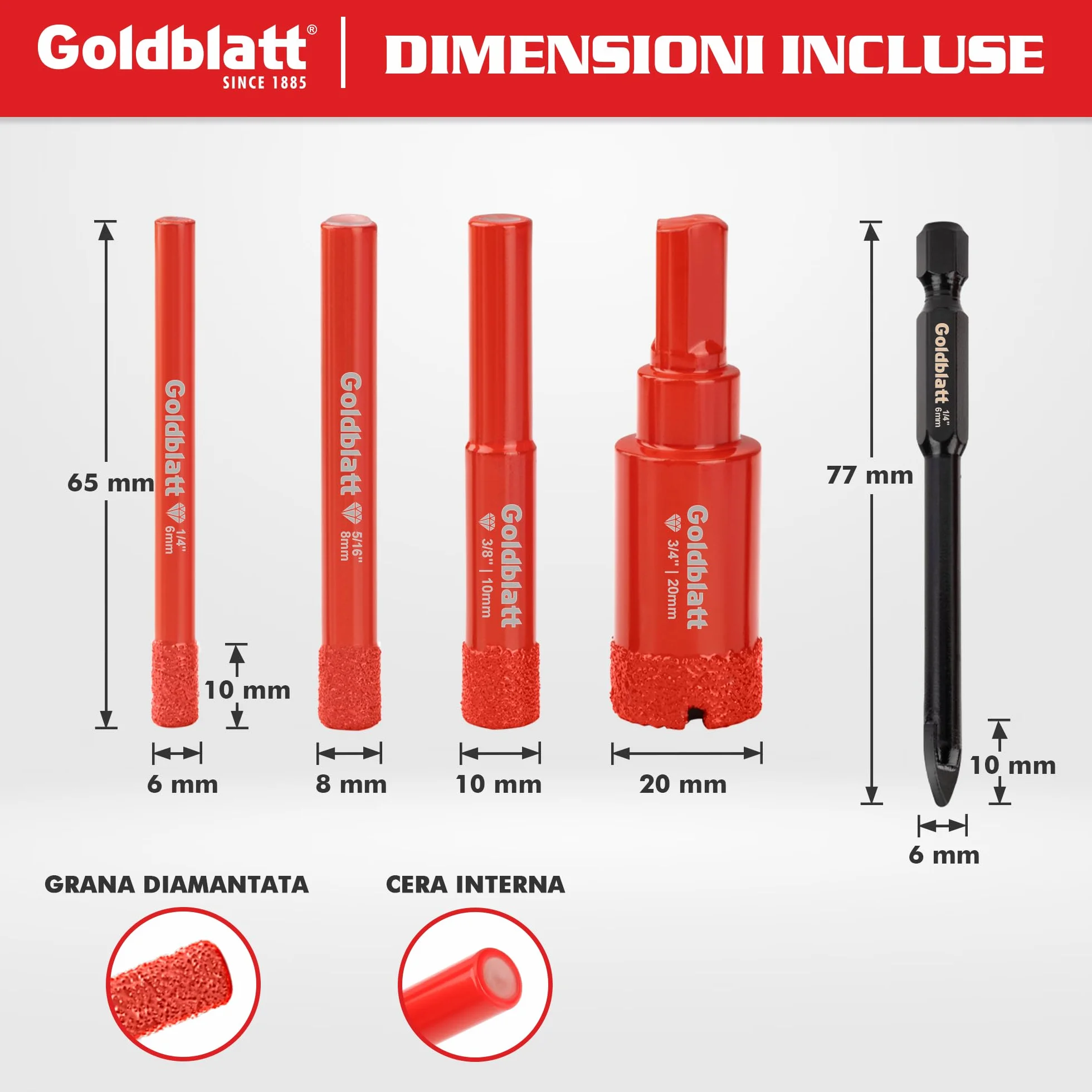 Goldblatt Set Punte Diamantate Per Piastrelle 5 Pezzi Con 6/8/10/20 mm Per Forature Precise Su Ceramica Marmo Granito Gres Porcellanato