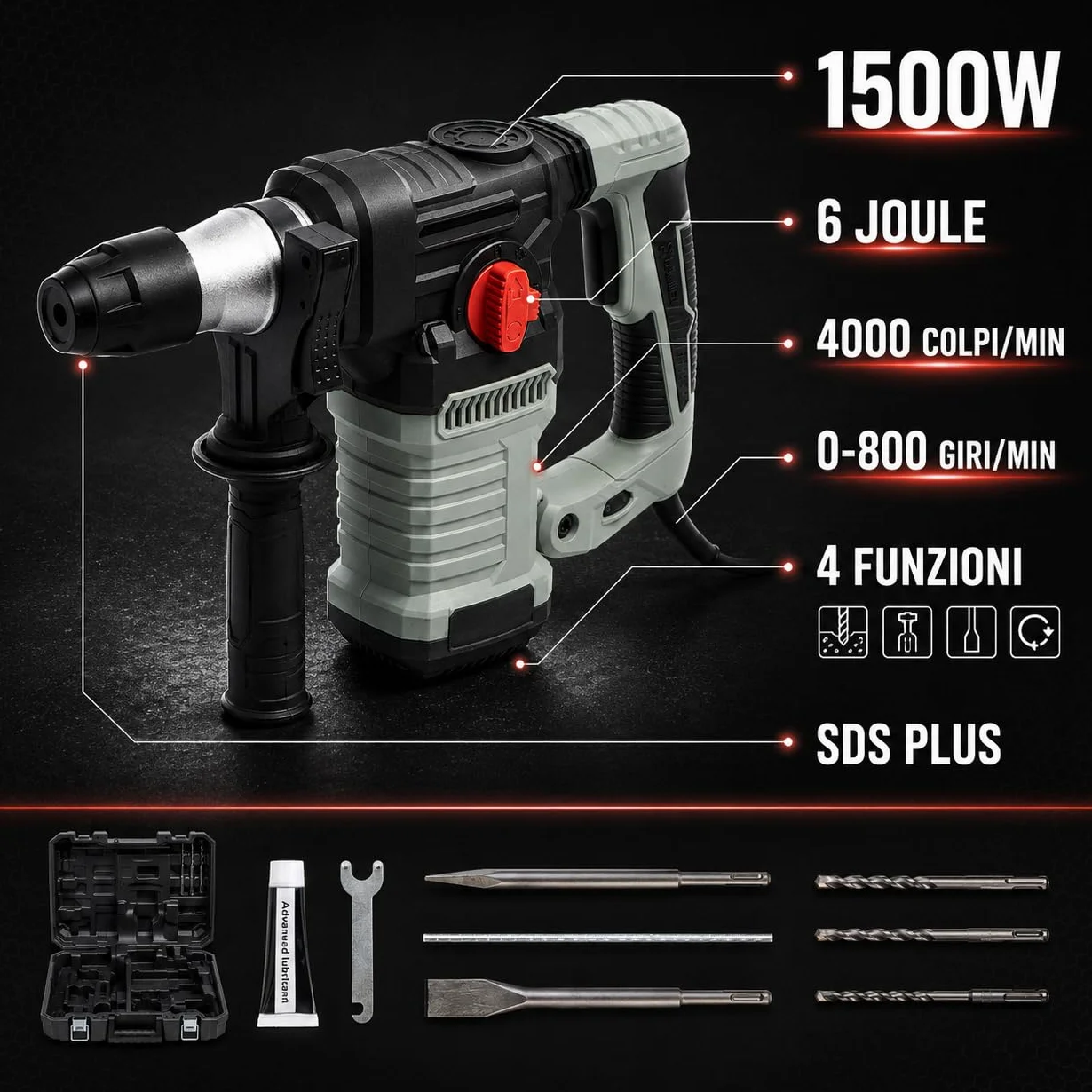 KOMBO - Martello Tassellatore SDS Plus 1500W con Valigetta e Accessori – 4 Funzioni: Rotazione, Percussione, Scalpellatura, Correzione – 6 Joule, 4000 colpi/min, 0–800 giri/min, Punta SDS, Cavo 1,8 m