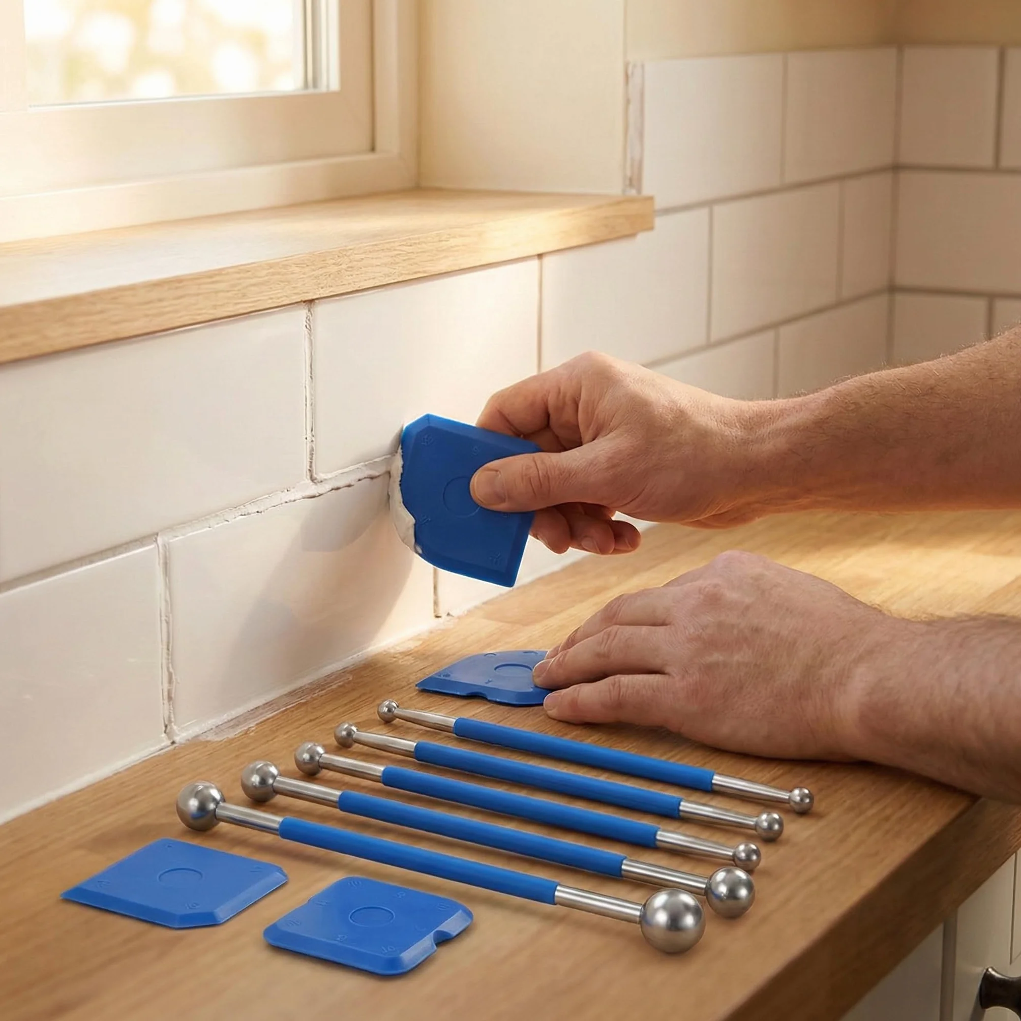 Set attrezzi per stuccatura 9 pezzi kit sigillante silicone con 4 tiralinee a sfera in metallo e 5 spatole in silicone diverse forme per fughe piastrelle bagno cucina fai da te riparazioni