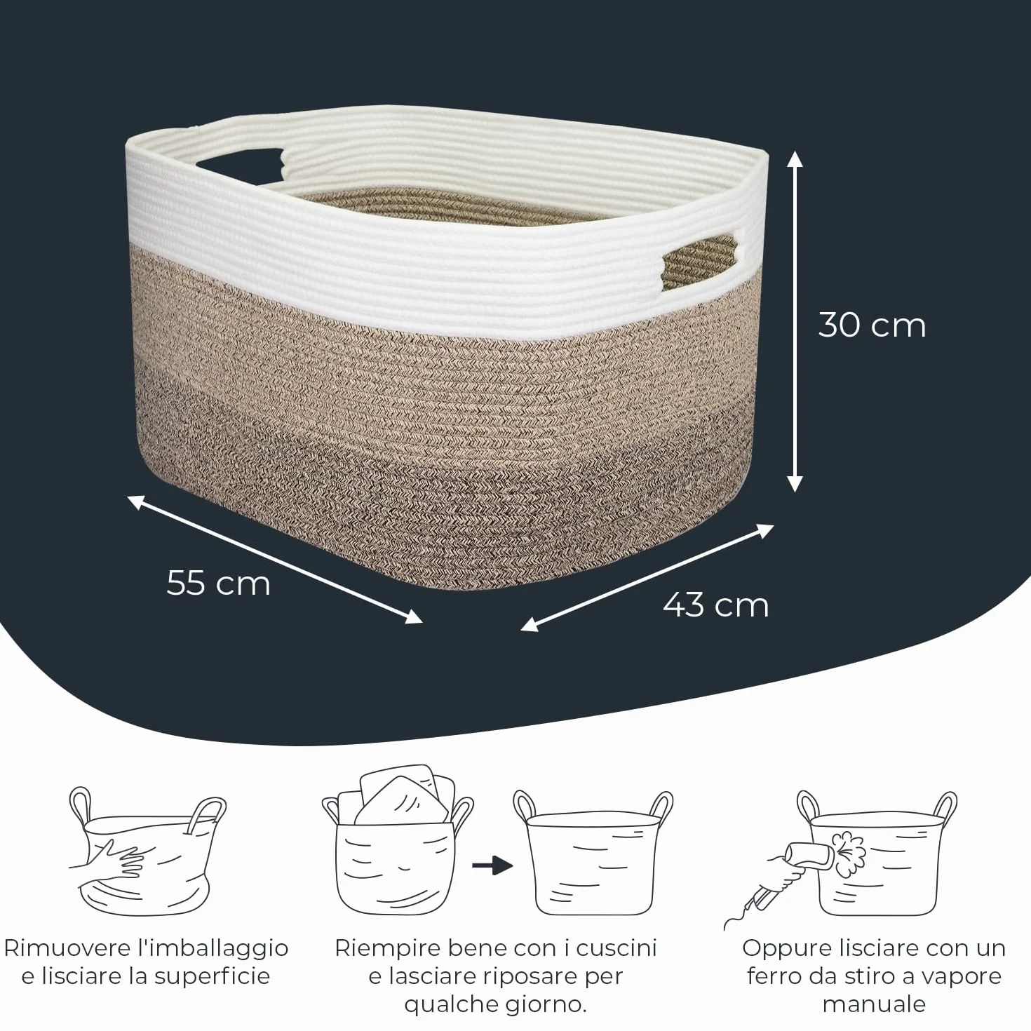 HMF XXL Cesto portabiancheria in cotone, cesto contenitore angolare con manici | 55 x 43 x 30 cm | Bianco-Marrone